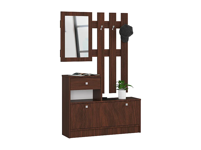 Wandmeubelset voor de hal, Klassiek Ontwerp, Wenge Kleur, Inclusief Spiegel, Twee Elementen, 90x170x25 cm, Door & Lade, Zelfmontage, Max. 5 Paar Schoenen