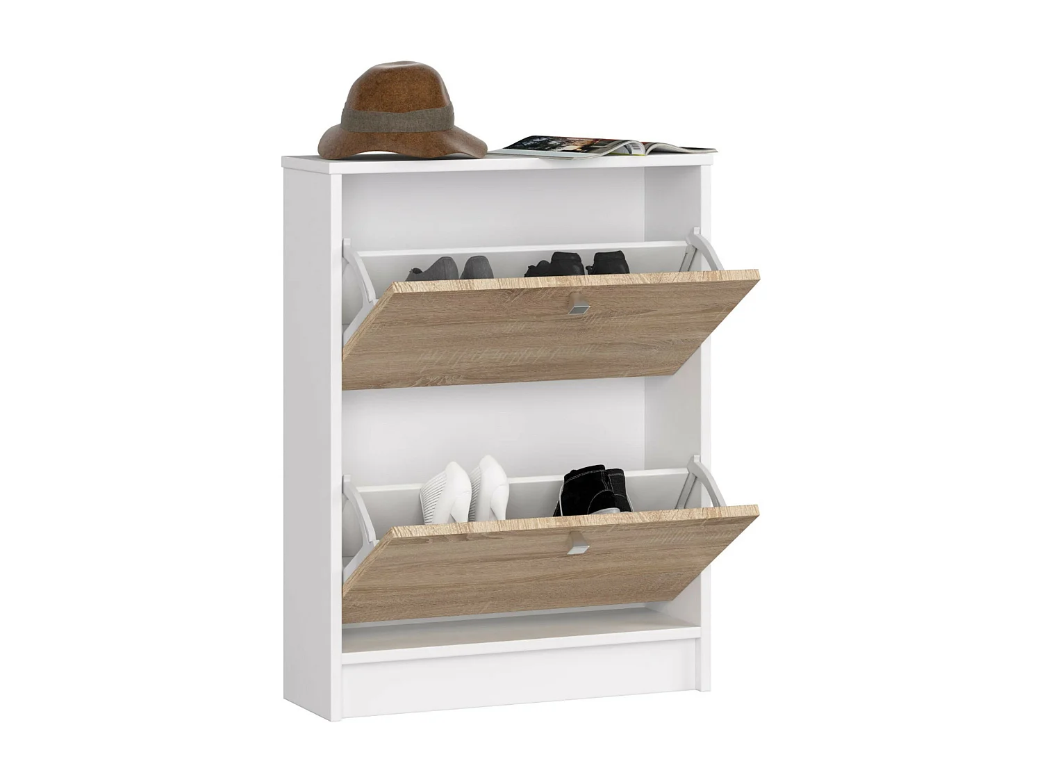 Meuble à chaussures AKORD Blanc 60 cm 2 portes façade Chêne Sonoma 2 étagères 60x20x80 cm