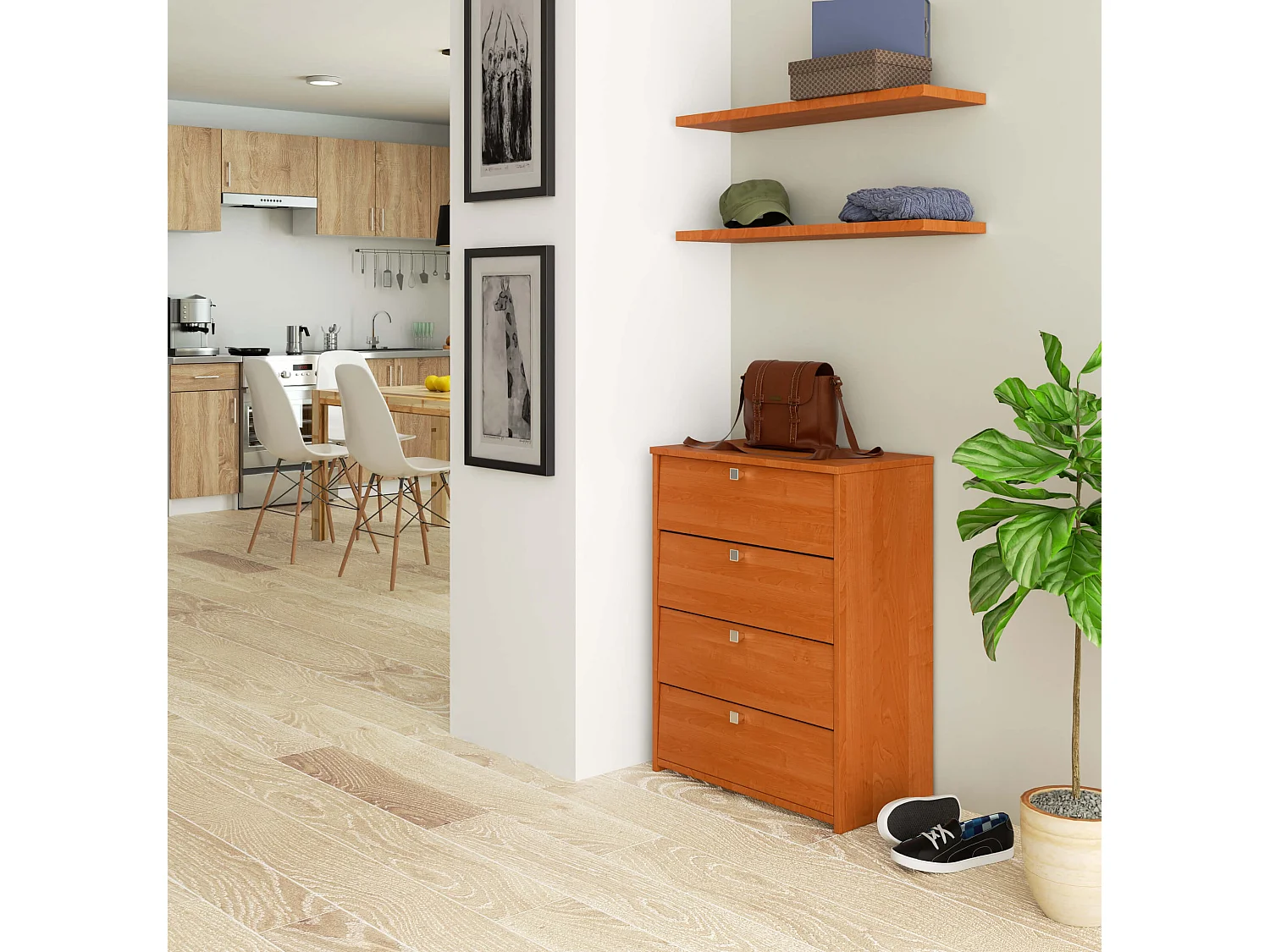 Vier Deurs Schoenkast 60cm - Klassiek Design in Olijfhoutlook