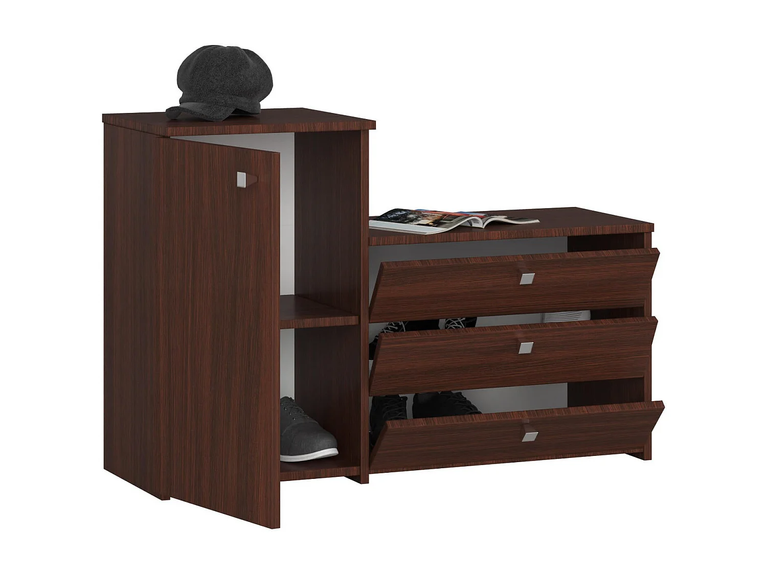 Klassieke Wenge Schoenkast S16 met 3 Kanteldeuren en Ladekast - Voor 13 Paar Schoenen