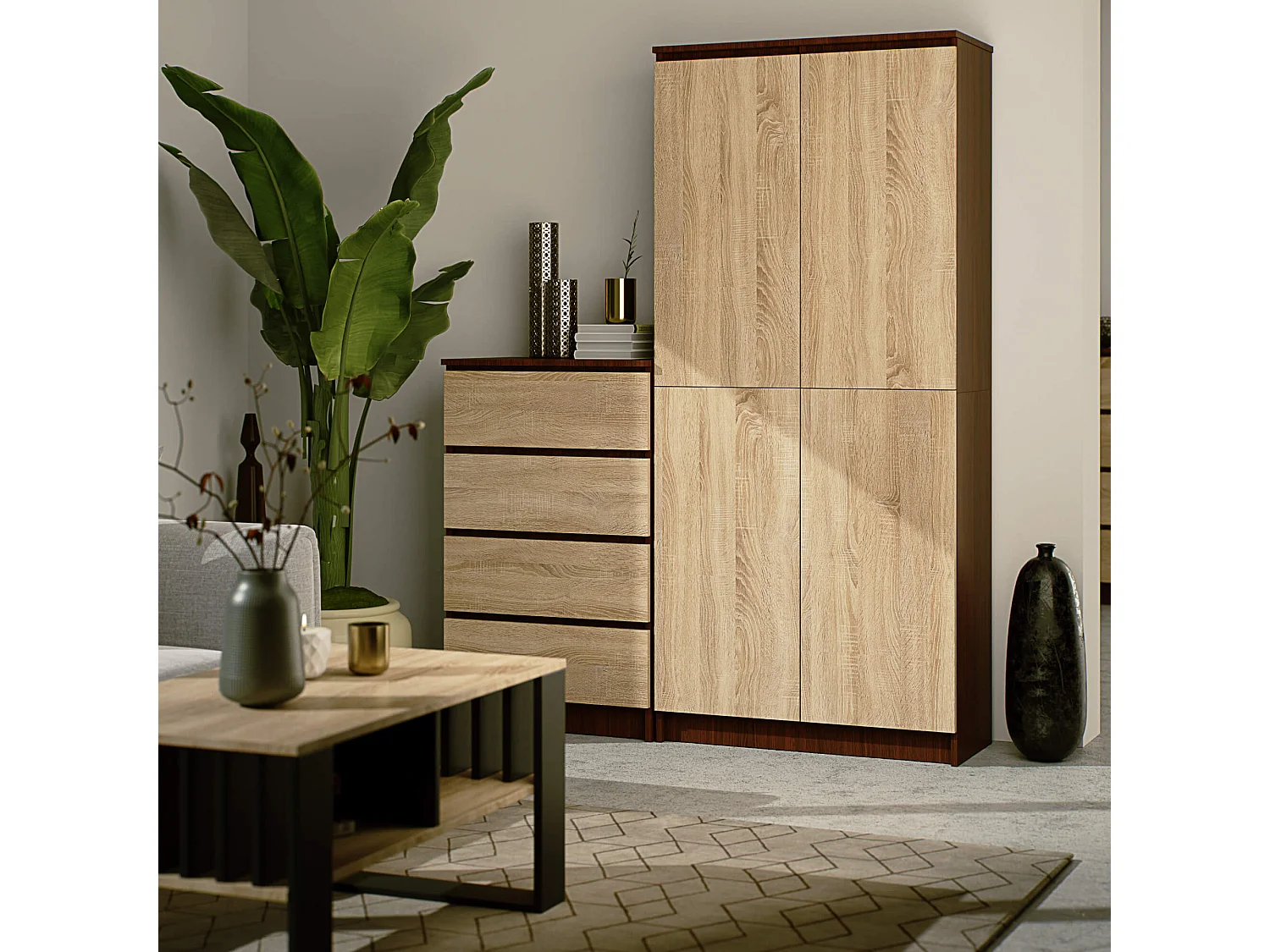 Armoire de rangement AKORD R80 Wengé 80 cm 2 portes façade Chêne Sonoma mat 8 étagères 80x35x180 cm