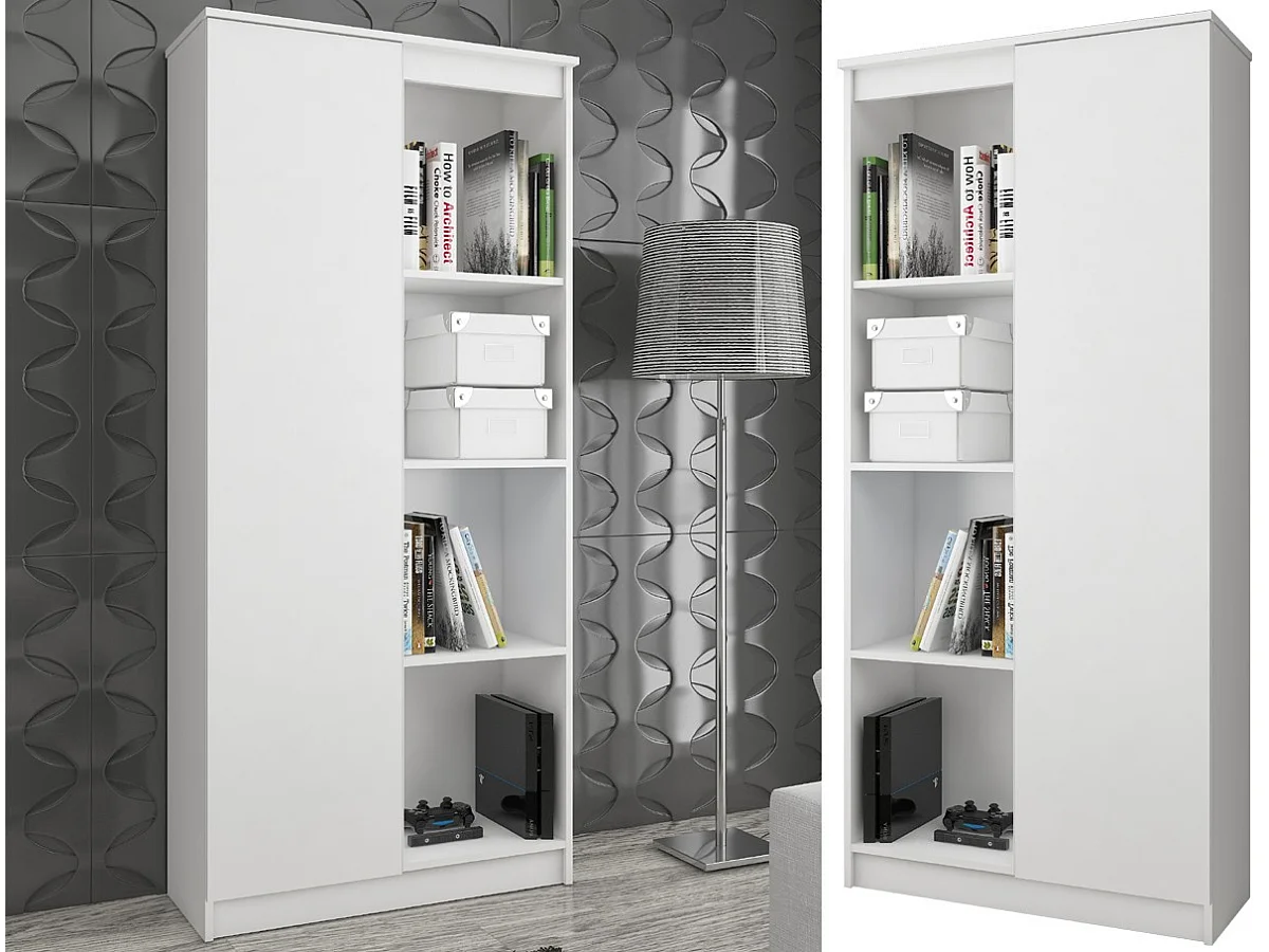 Witte Staande Boekenkast R80 1D 8P - Zelfmontage, 80x180x35 cm, ABS-randafwerking, Mat Front, 1 Deur, 8 Planken, Laminaat Plaat, Modern en Functioneel Design