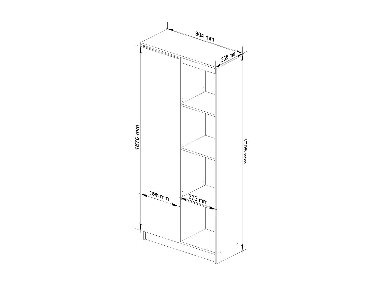 Bibliothèque de bureau AKORD R80 Blanche 80 cm 1 porte façade Blanche mat 8 étagères 80x35x180 cm