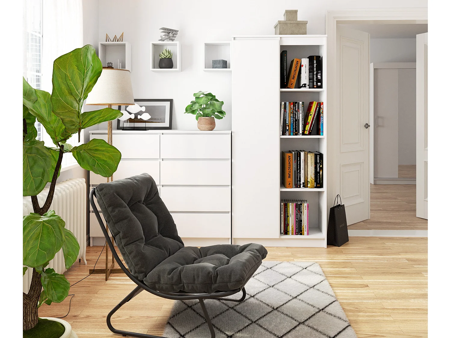 Bibliothèque de bureau AKORD R80 Blanche 80 cm 1 porte façade Blanche mat 8 étagères 80x35x180 cm