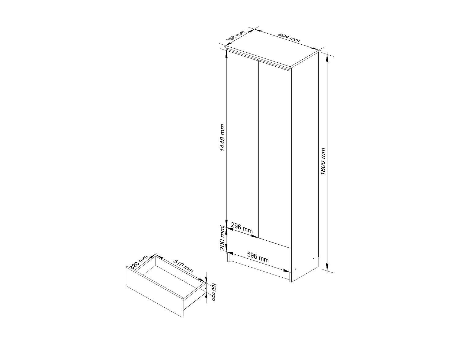 Bibliothèque de bureau AKORD R60 Blanche 60 cm 2 portes 1 tiroir façade Blanche mat 4 étagères 60x35x180 cm