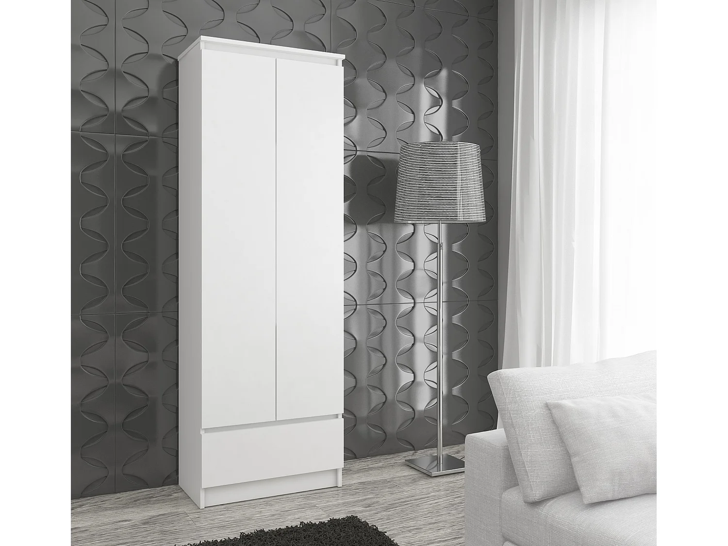 Bibliothèque de bureau AKORD R60 Blanche 60 cm 2 portes 1 tiroir façade Blanche mat 4 étagères 60x35x180 cm