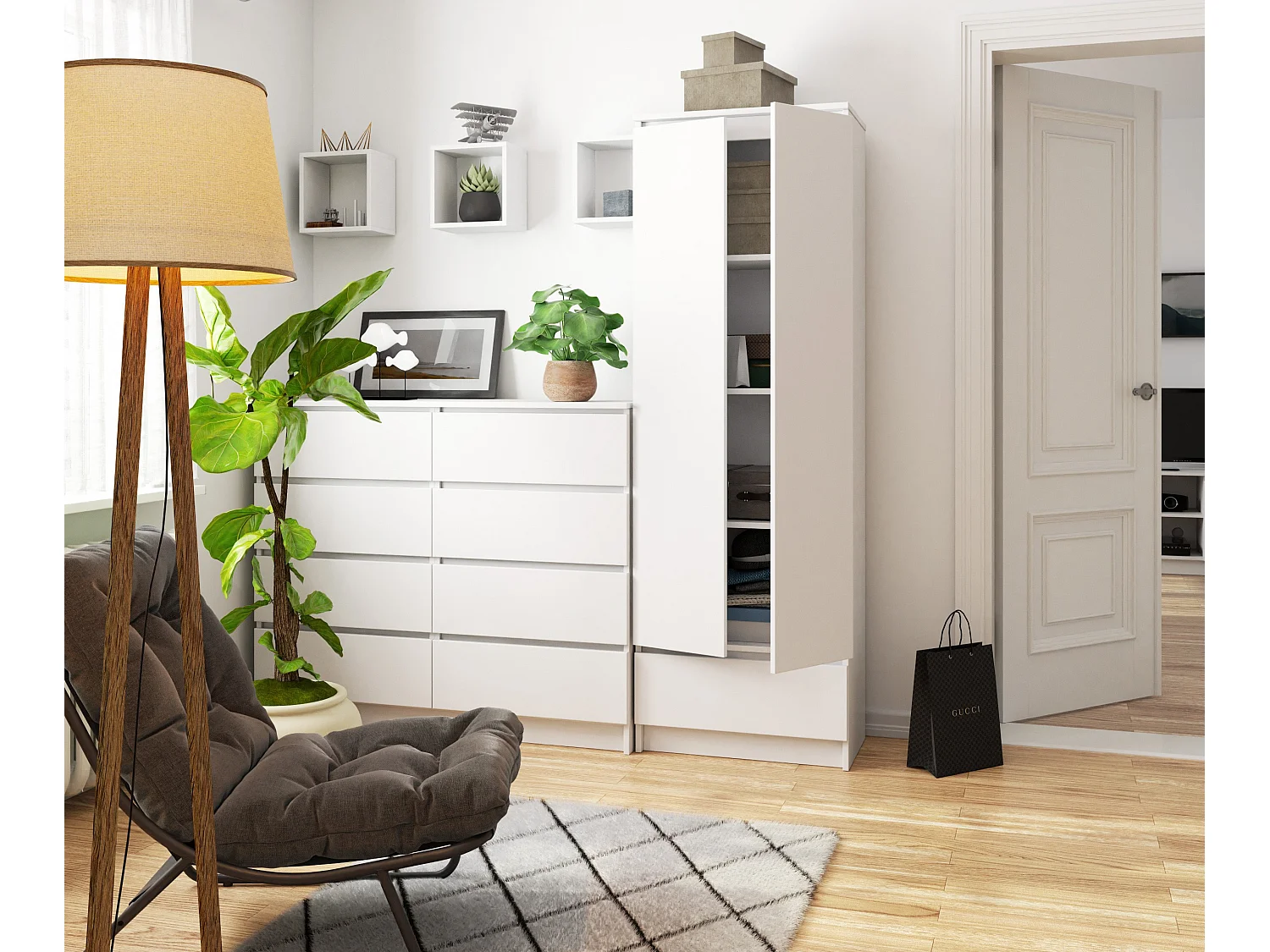 Bibliothèque de bureau AKORD R60 Blanche 60 cm 2 portes 1 tiroir façade Blanche mat 4 étagères 60x35x180 cm