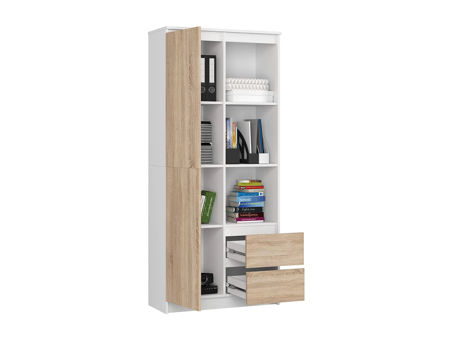 Büroregal AKORD R11 mit verschließbaren Tür Weiß 80 cm 2 Türen 2 Schubladen 7 Ebenen Front Sonoma-Eiche B80 x H180 x T35 cm