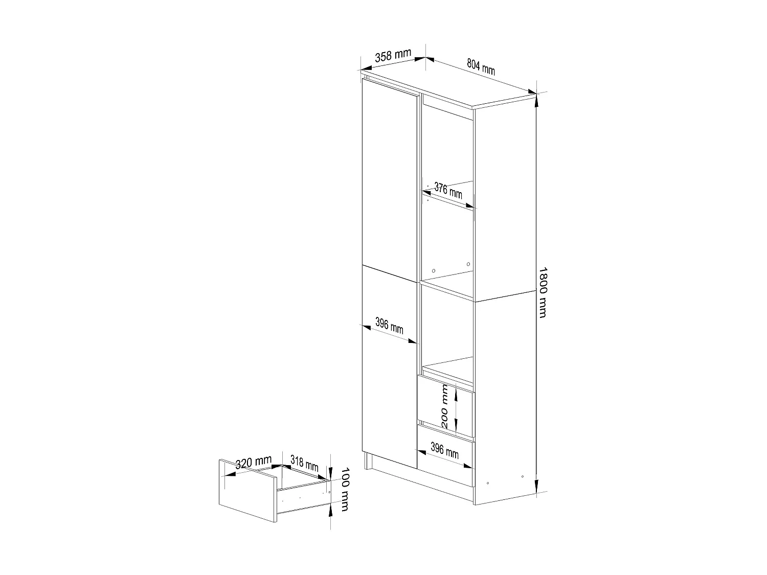 Bibliothèque de bureau AKORD R11 Blanche 80 cm 1 porte 2 tiroirs façade Chêne Sonoma mat 7 étagères 80x35x180 cm