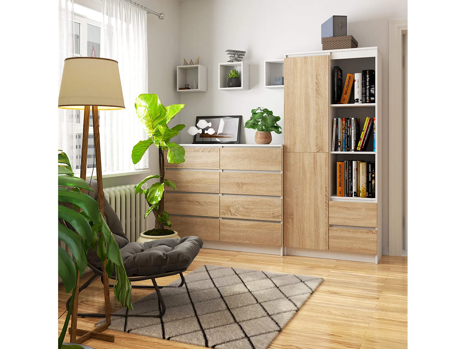 Bibliothèque de bureau AKORD R11 Blanche 80 cm 1 porte 2 tiroirs façade Chêne Sonoma mat 7 étagères 80x35x180 cm