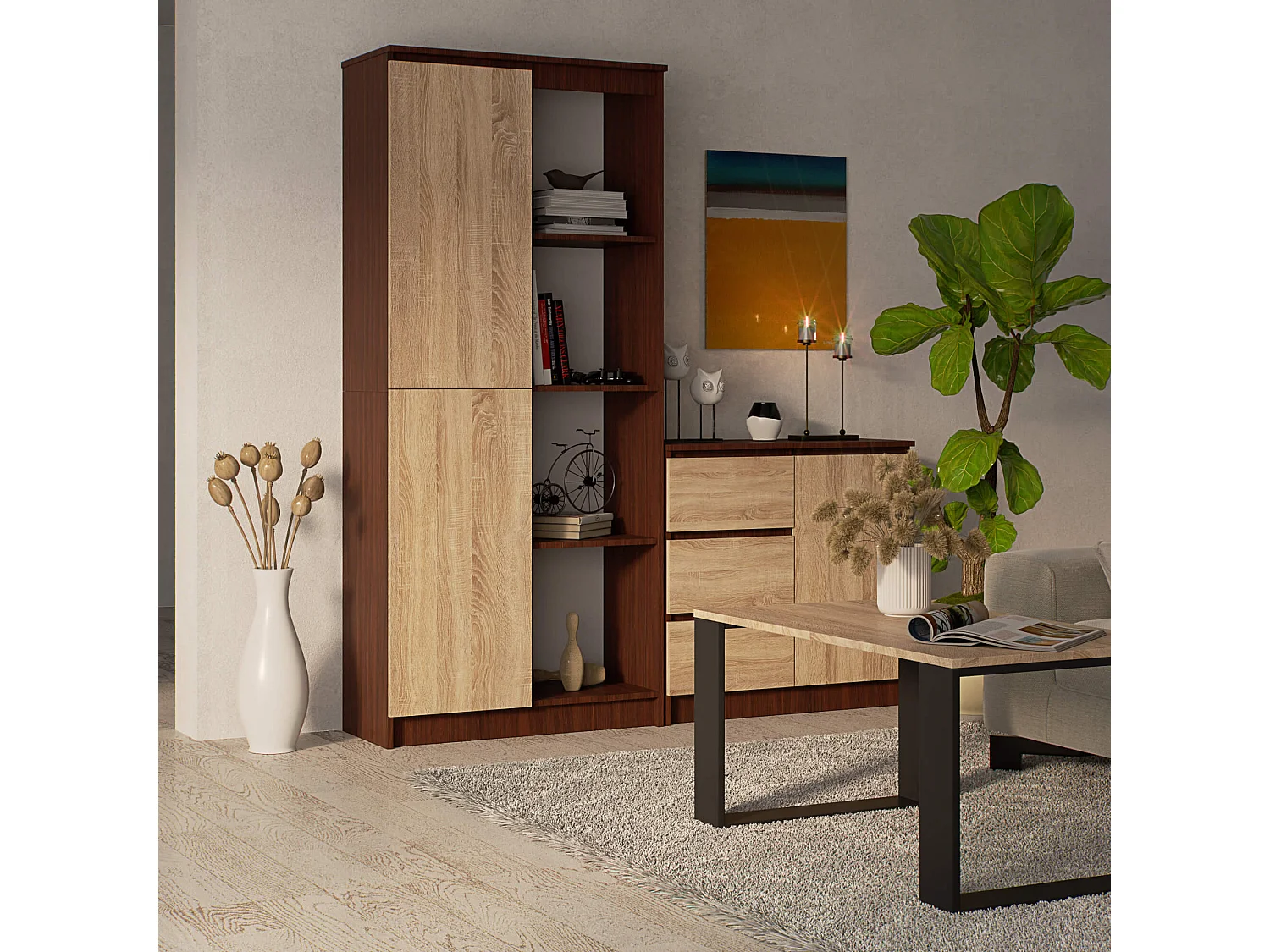 Librería AKORD R80 Wenge 80 cm 1 puerta frente en color Roble Sonoma 4 estantes 80x35x180 cm