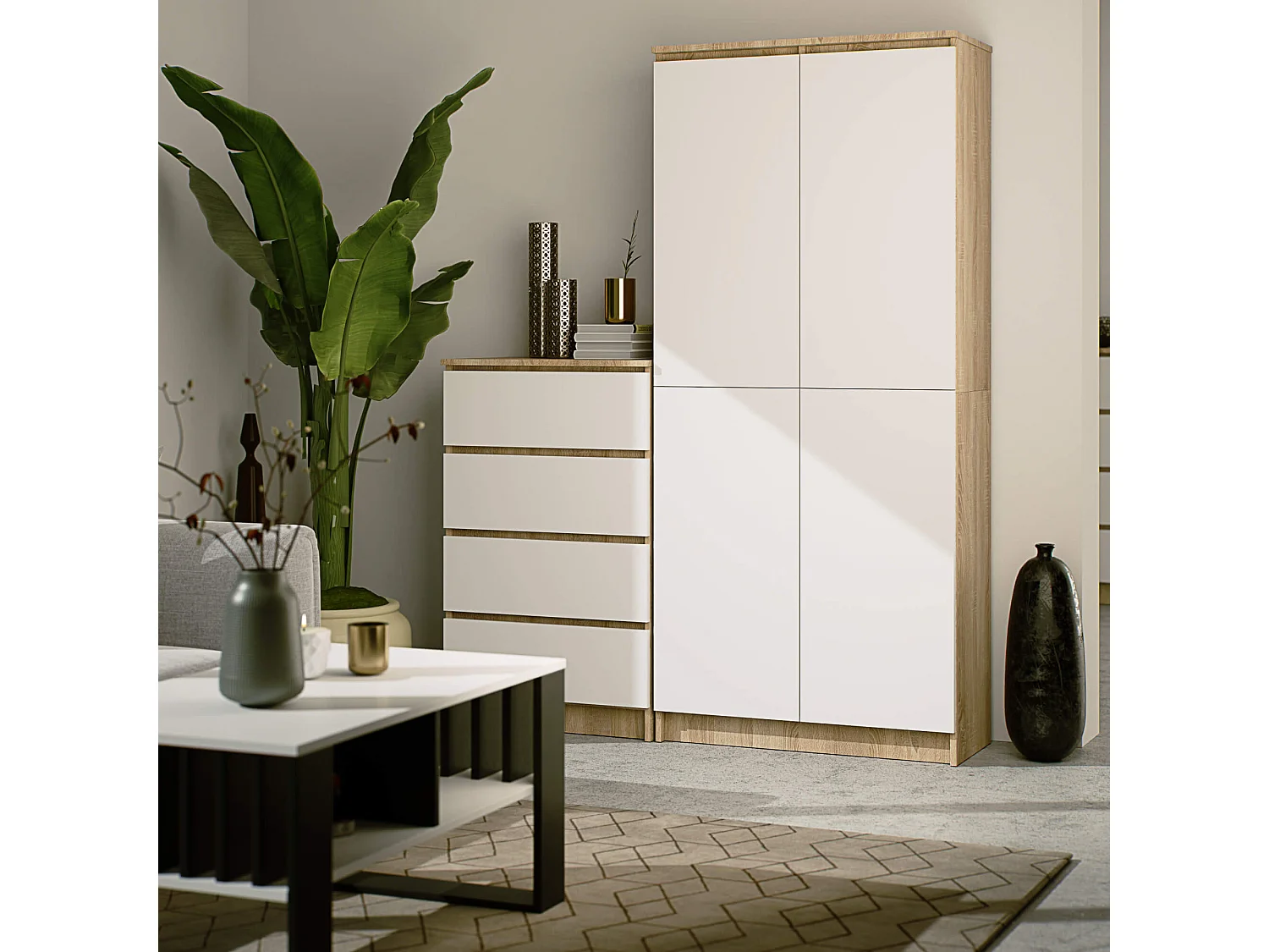 Armoire de rangement AKORD R80 Chêne Sonoma 80 cm 2 portes façade Blanche mat 8 étagères 80x35x180 cm