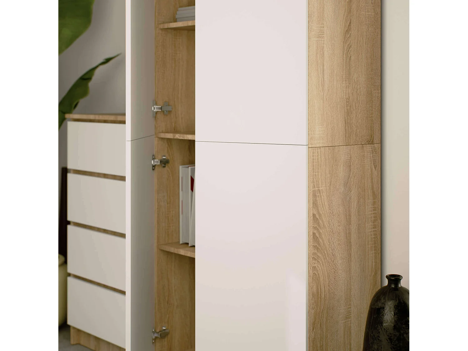 Regał AKORD R80 Dąb Sonoma 80 cm 2 drzwi kolor Biały mat 8 półek 80x35x180 cm