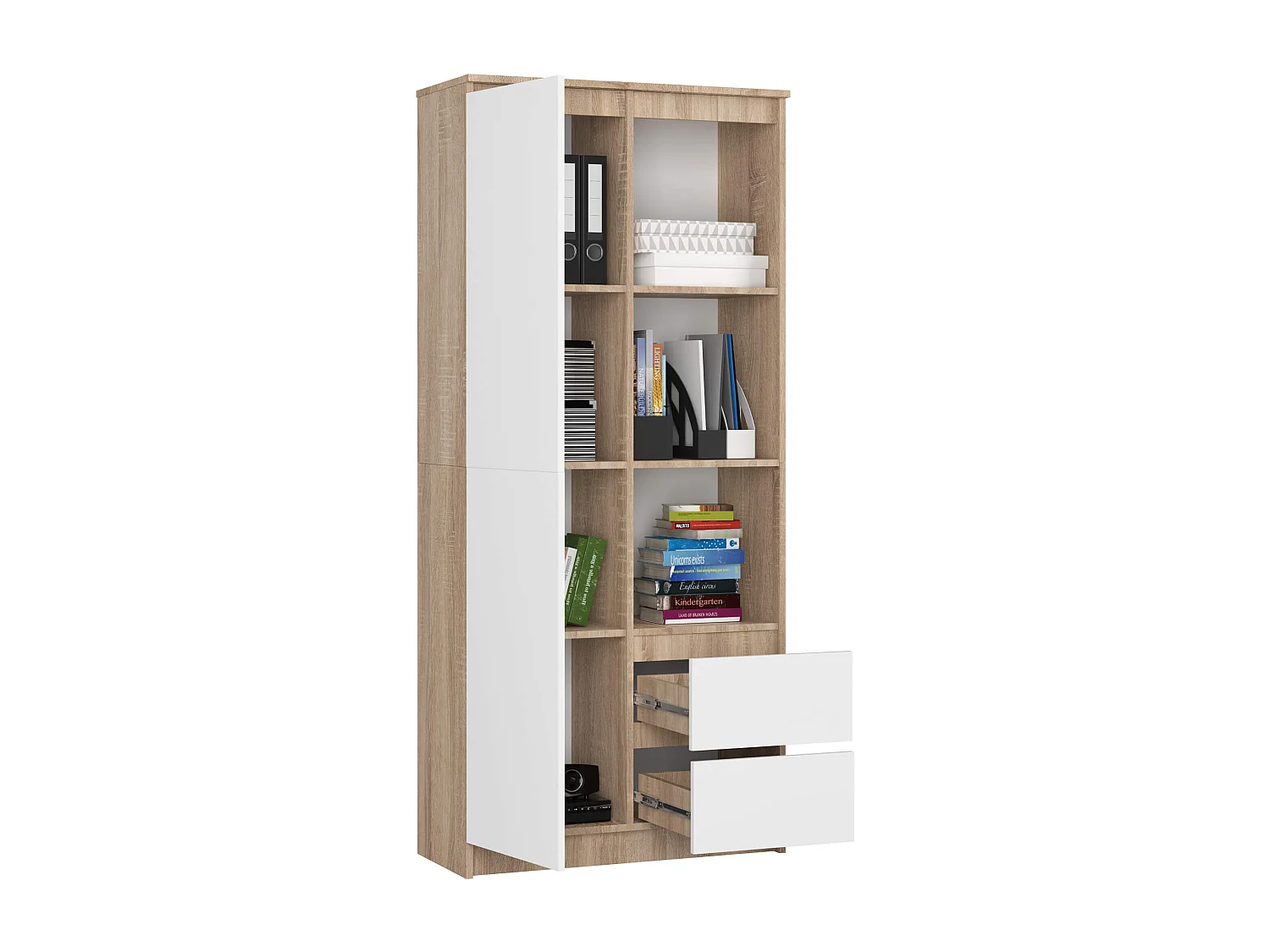 Librería AKORD R11 Roble Sonoma 80 cm 2 puertas 2 cajones frente en color Blanco 7 estantes 80x35x180 cm
