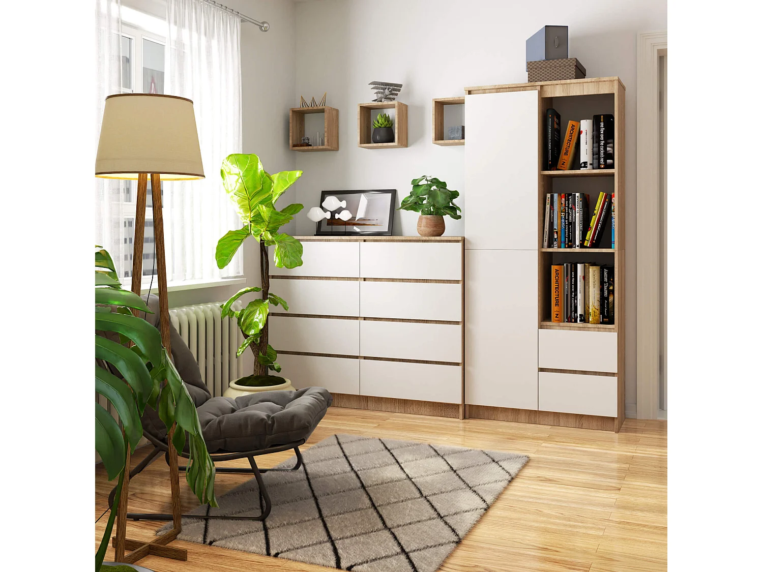 Bibliothèque de bureau AKORD R11 Chêne Sonoma 80 cm 1 porte 2 tiroirs façade Blanche mat 7 étagères 80x35x180 cm