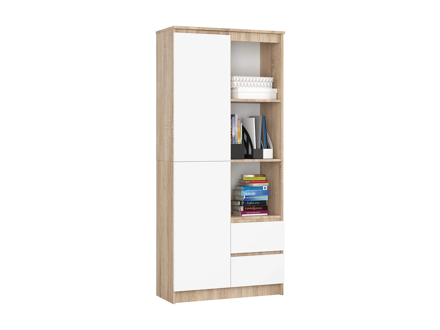 Bibliothèque de bureau AKORD R11 Chêne Sonoma 80 cm 1 porte 2 tiroirs façade Blanche mat 7 étagères 80x35x180 cm