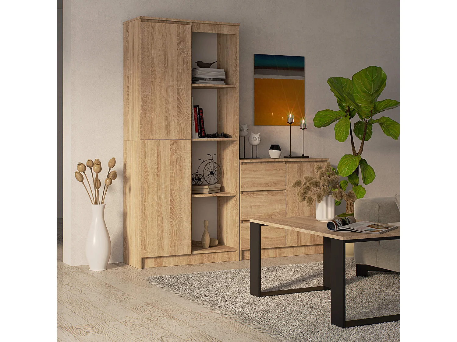 Bibliothèque de bureau AKORD R80 Chêne Sonoma 80 cm 1 porte façade Chêne Sonoma mat 8 étagères 80x35x180 cm