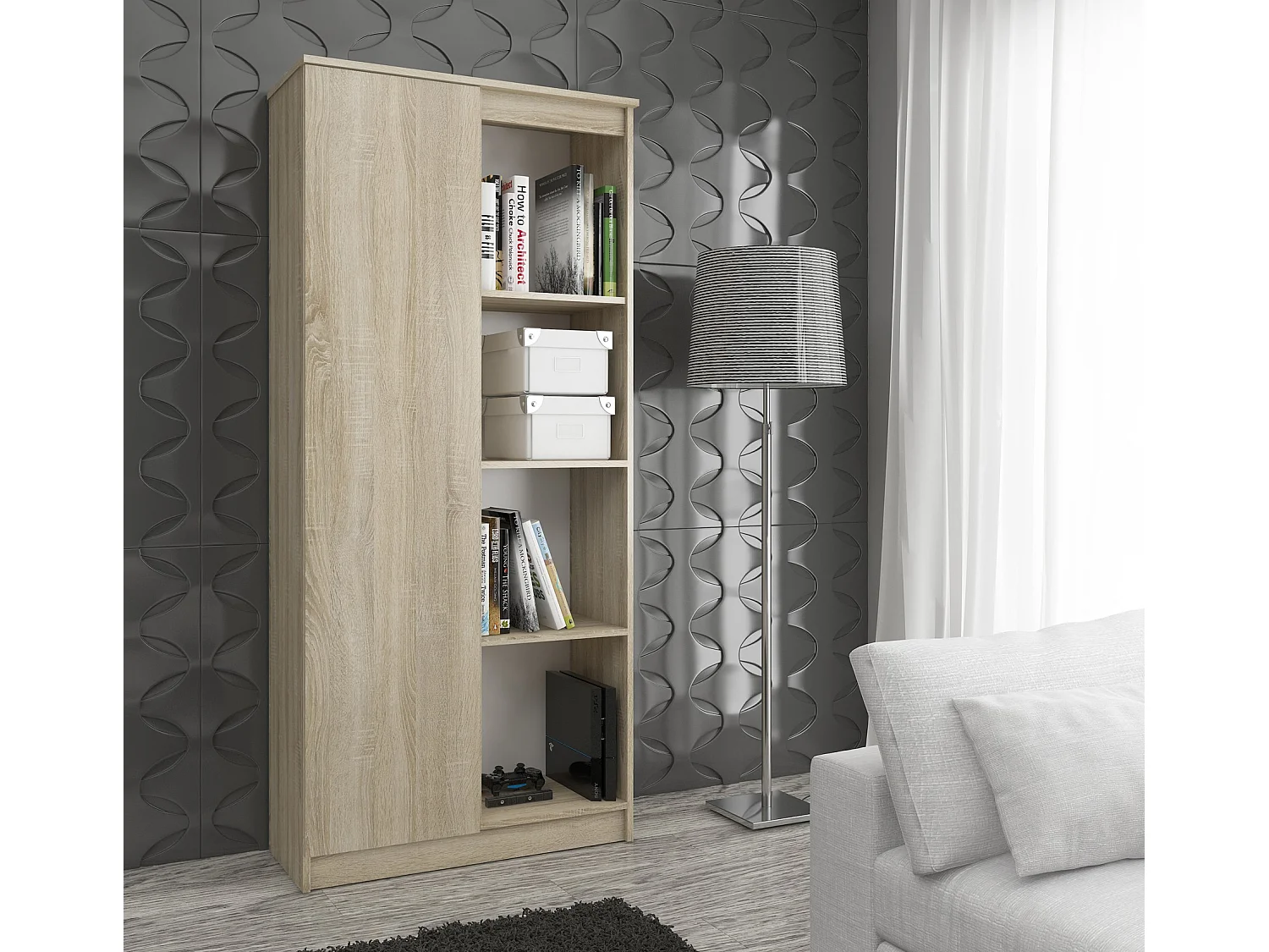 Boekenkast R80 1D 4P in Sonoma Eiken, 1 Deur & 8 Planken, Zelfmontage