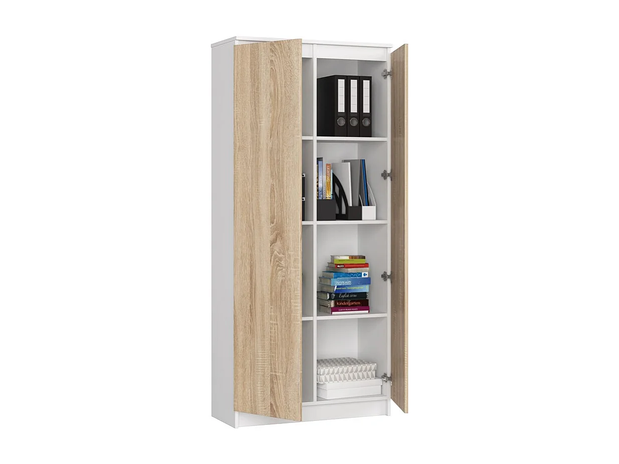 Armoire de rangement AKORD R80 Blanche 80 cm 2 portes façade Chêne Sonoma mat 8 étagères 80x35x180 cm