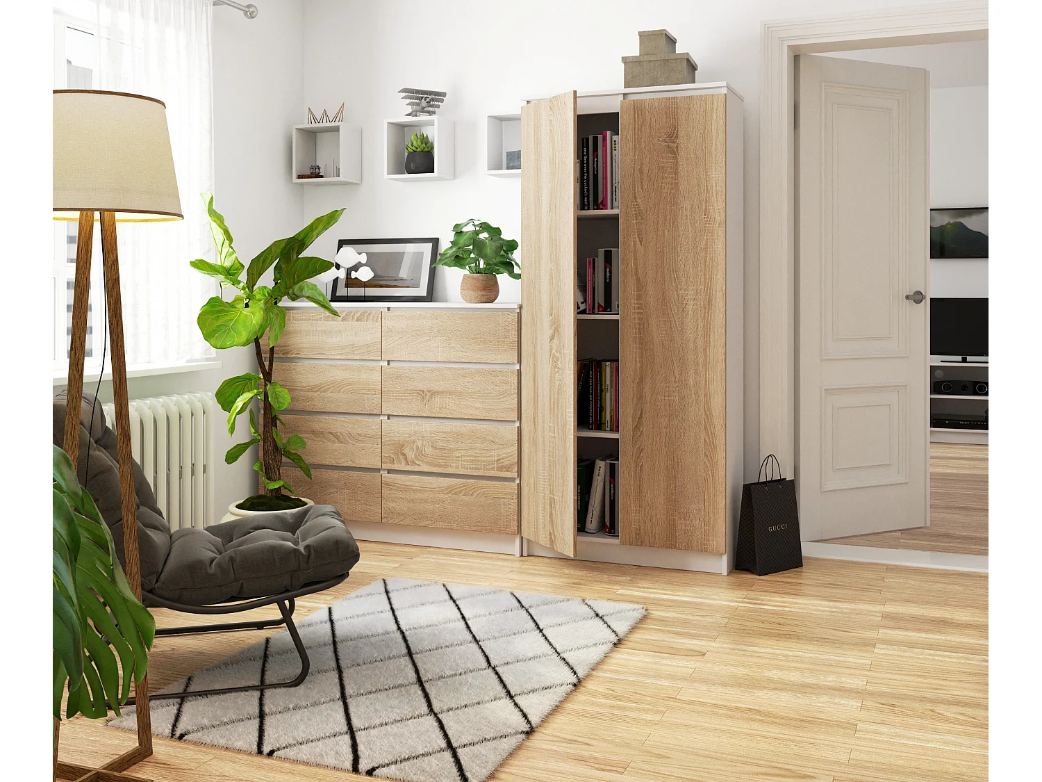 Armoire de rangement AKORD R80 Blanche 80 cm 2 portes façade Chêne Sonoma mat 8 étagères 80x35x180 cm