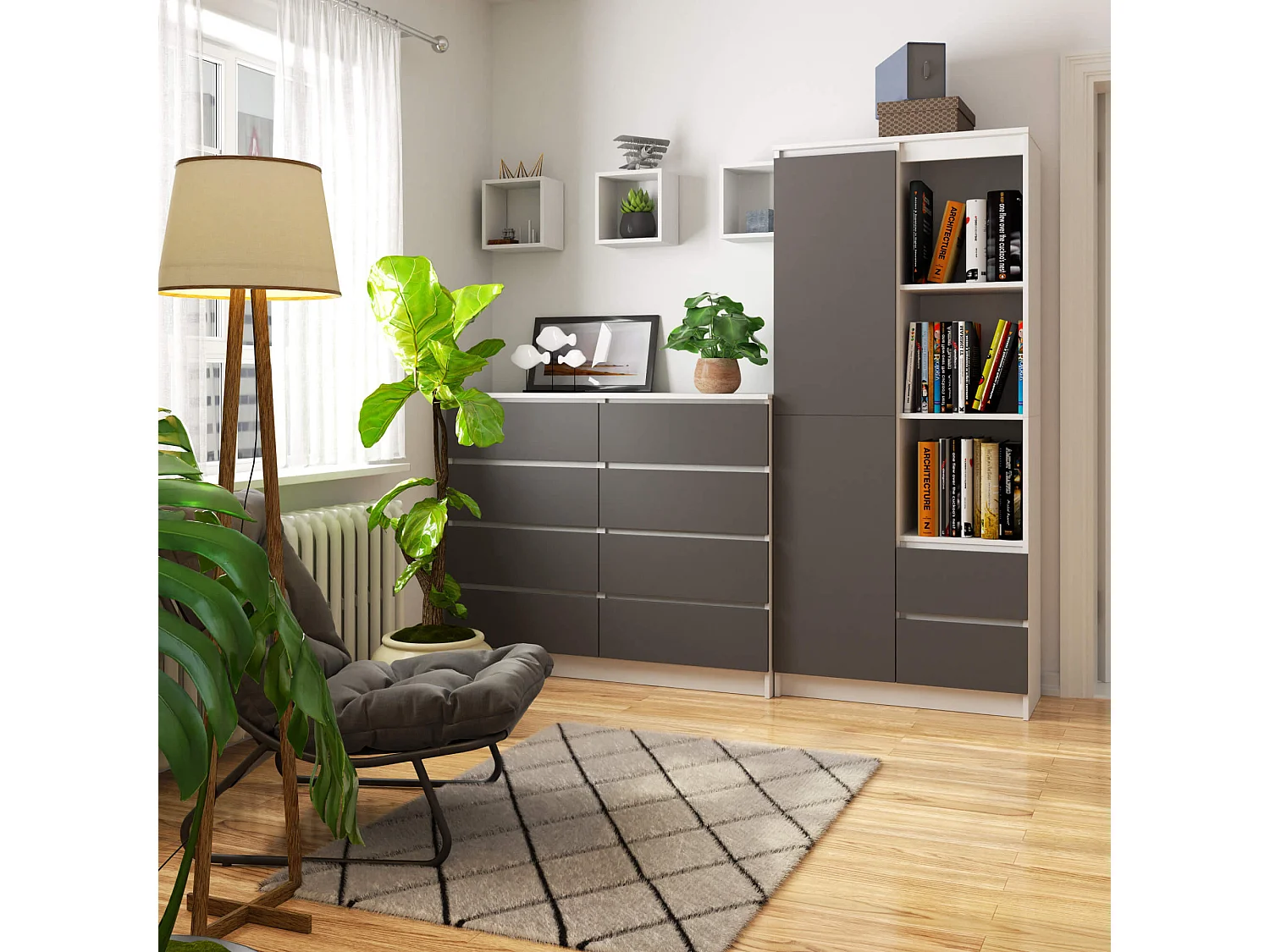 Kantoorkast R11 R80 met 2 Lades en 1 Deur / AKORD Furniture Factory / Wit - Grafietgrijs / 80 x 180 x 35 cm