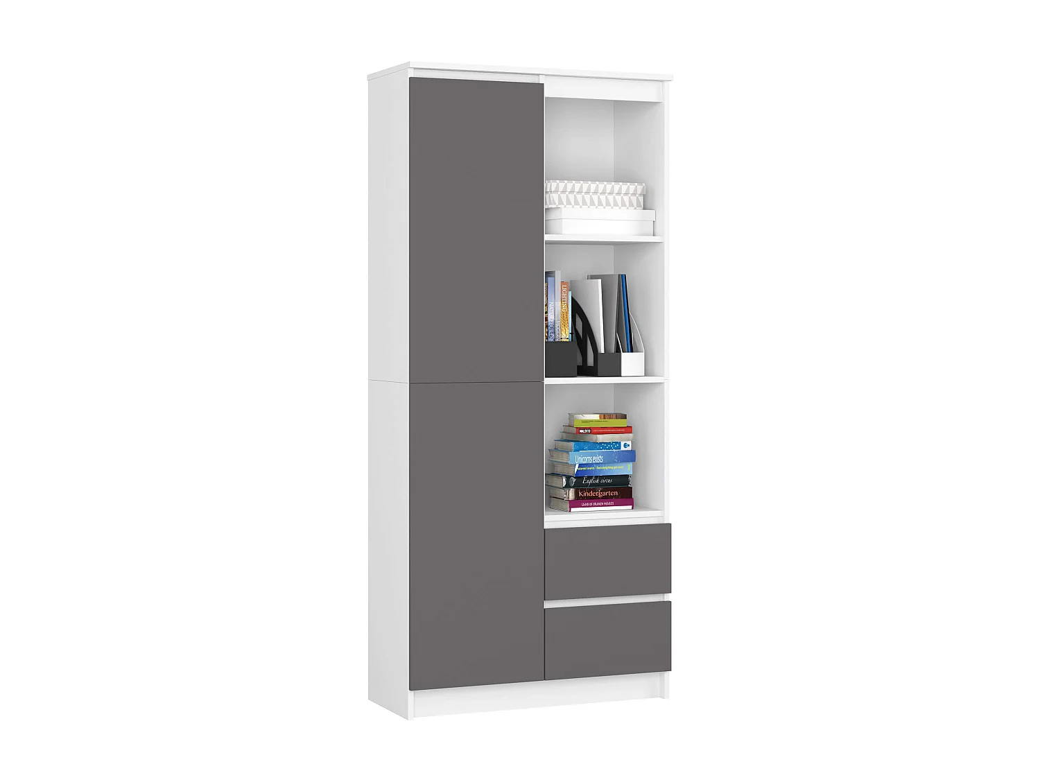 Bibliothèque de bureau AKORD R11 Blanche 80 cm 1 porte 2 tiroirs façade Gris Graphite mat 7 étagères 80x35x180 cm
