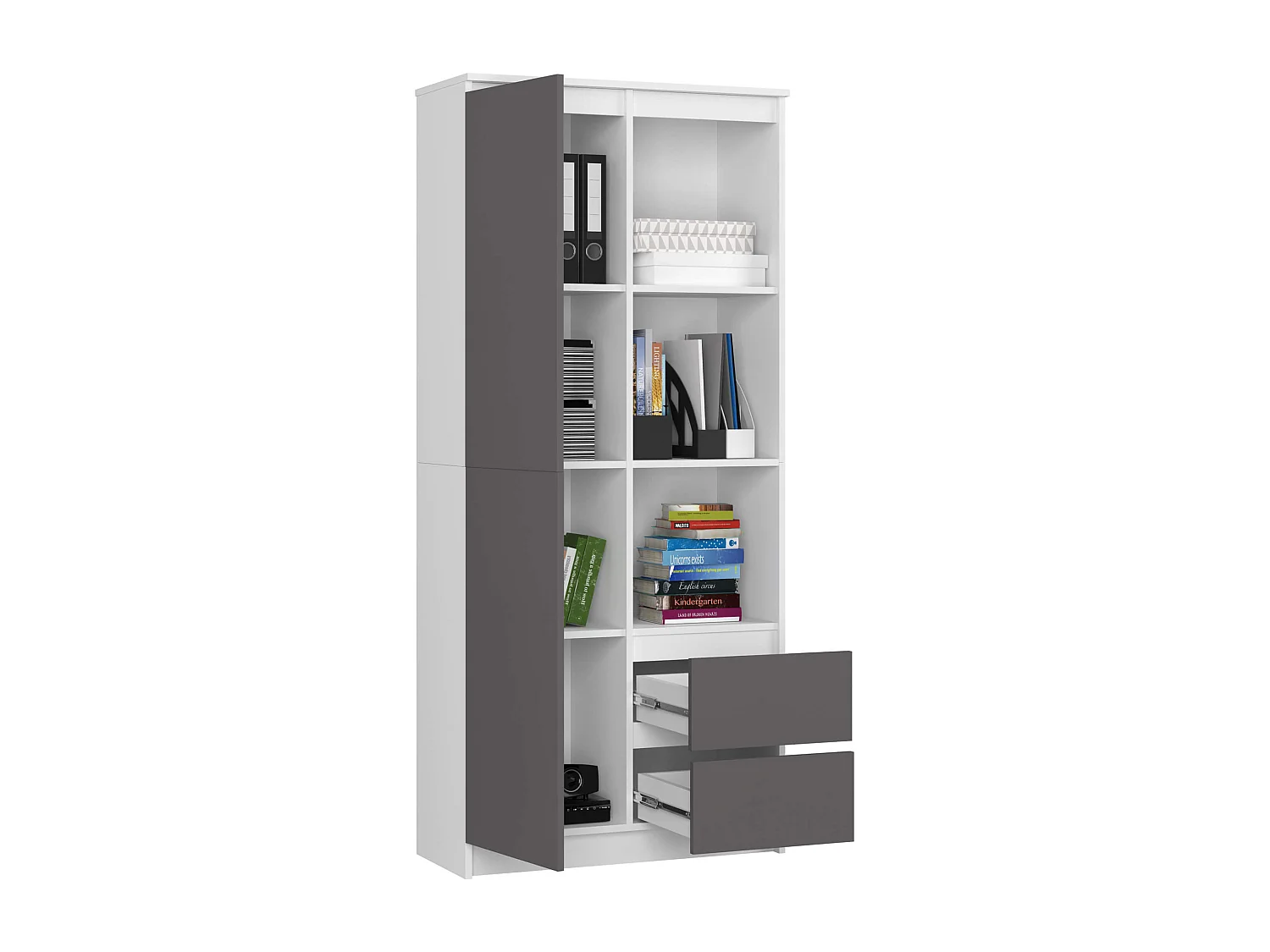 Bibliothèque de bureau AKORD R11 Blanche 80 cm 1 porte 2 tiroirs façade Gris Graphite mat 7 étagères 80x35x180 cm