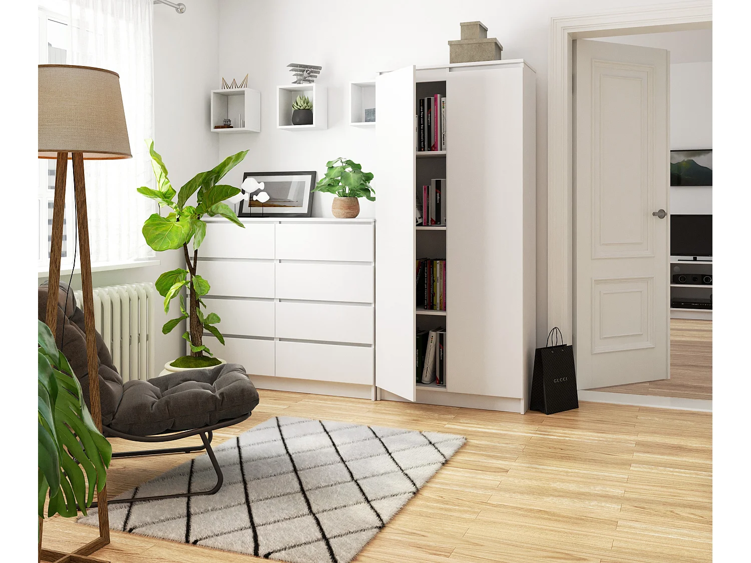 Armoire de rangement AKORD R80 Blanche 80 cm 2 portes façade Blanche mat 8 étagères 80x35x180 cm