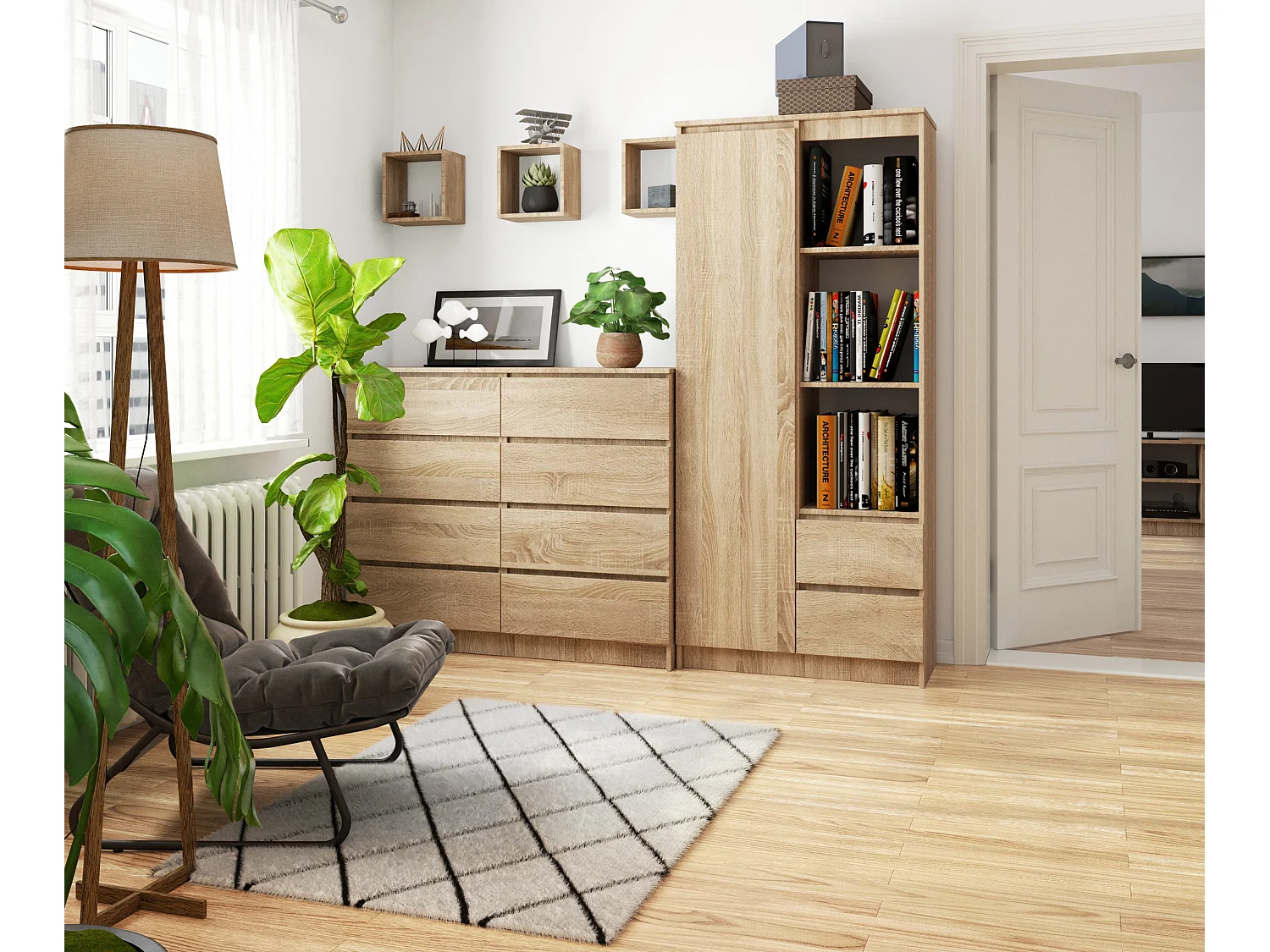 Bibliothèque de bureau AKORD R11 Chêne Sonoma 80 cm 1 porte 2 tiroirs façade Chêne Sonoma mat 7 étagères 80x35x180 cm