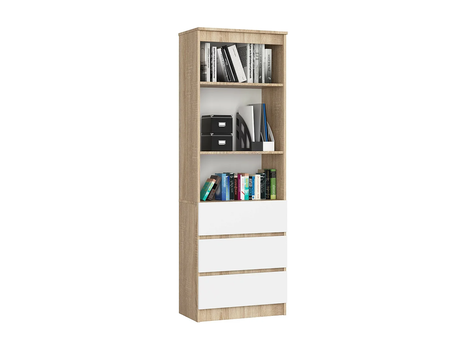 Bibliothèque de bureau AKORD R60 Chêne Sonoma 60 cm 3 tiroirs façade Blanche mat 3 étagères 60x35x180 cm