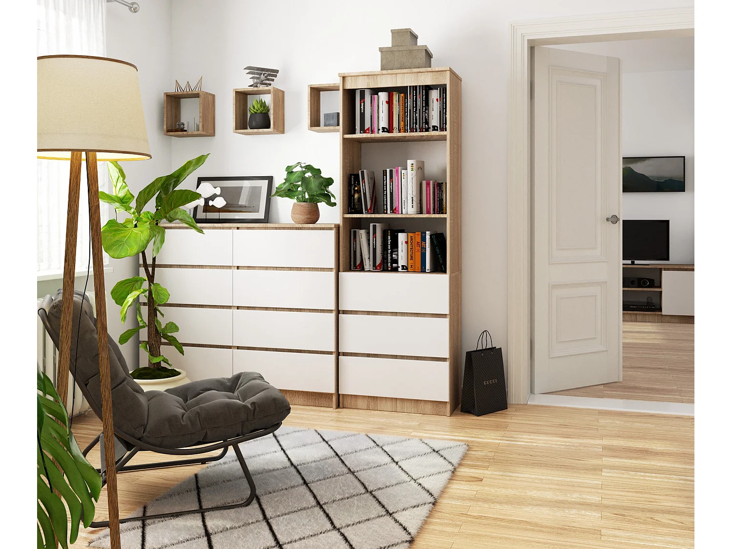 Bibliothèque de bureau AKORD R60 Chêne Sonoma 60 cm 3 tiroirs façade Blanche mat 3 étagères 60x35x180 cm