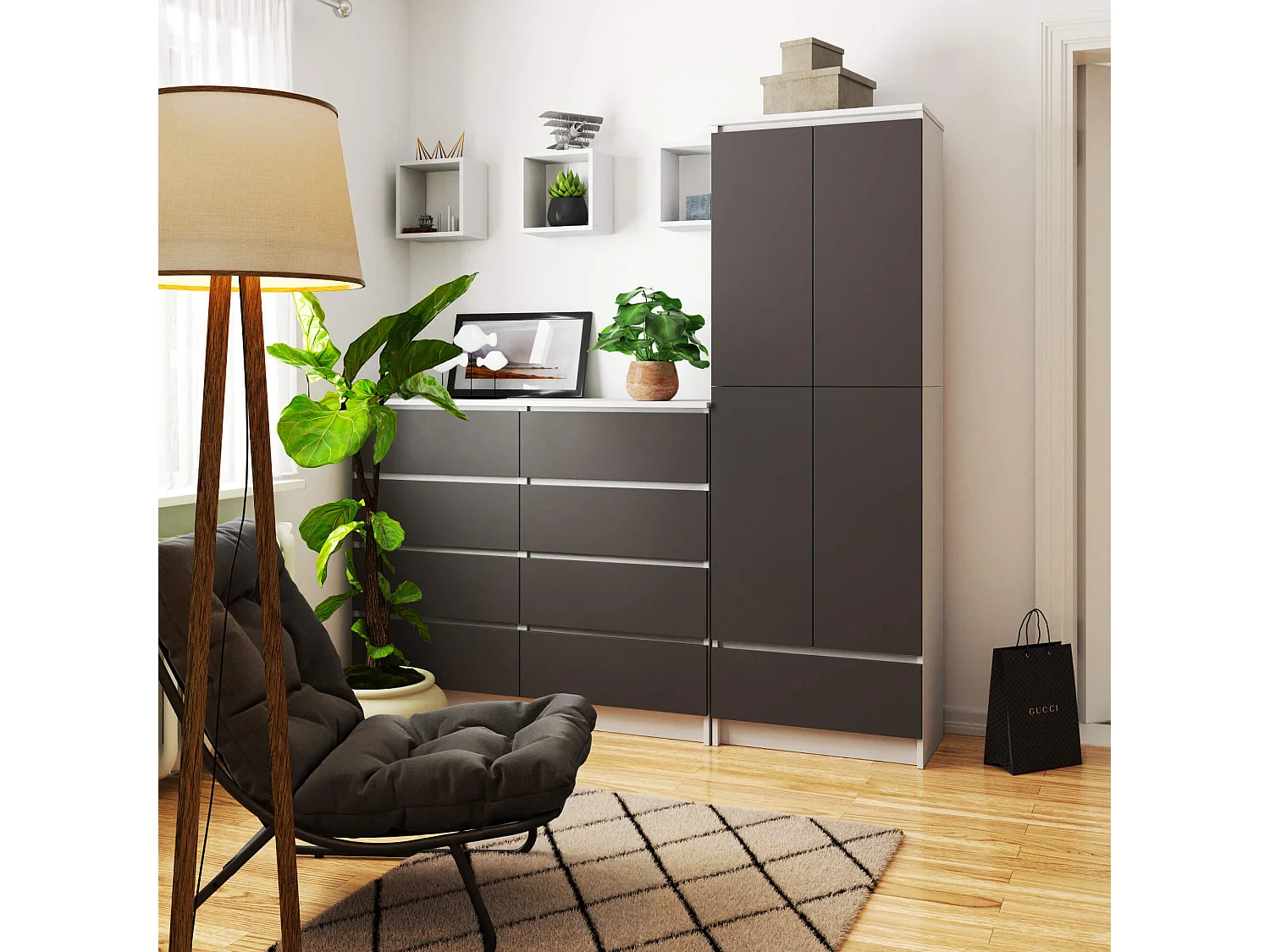 Gesloten Boekenkast R60 2D 1L Wit/Grijs Grafiet - Vrijstaand - 60x180x35 cm - 2 Deuren, 1 Lade - ABS Randen - Laminated