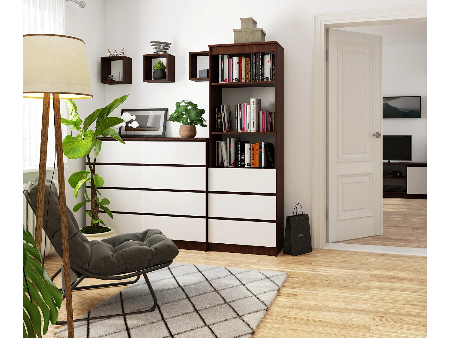 Stijlvolle Staande Kast R60 met 3 Lades en 2 Deuren - Wenge/Wit, 180cm Hoog, ABS Randen, Zelfmontage