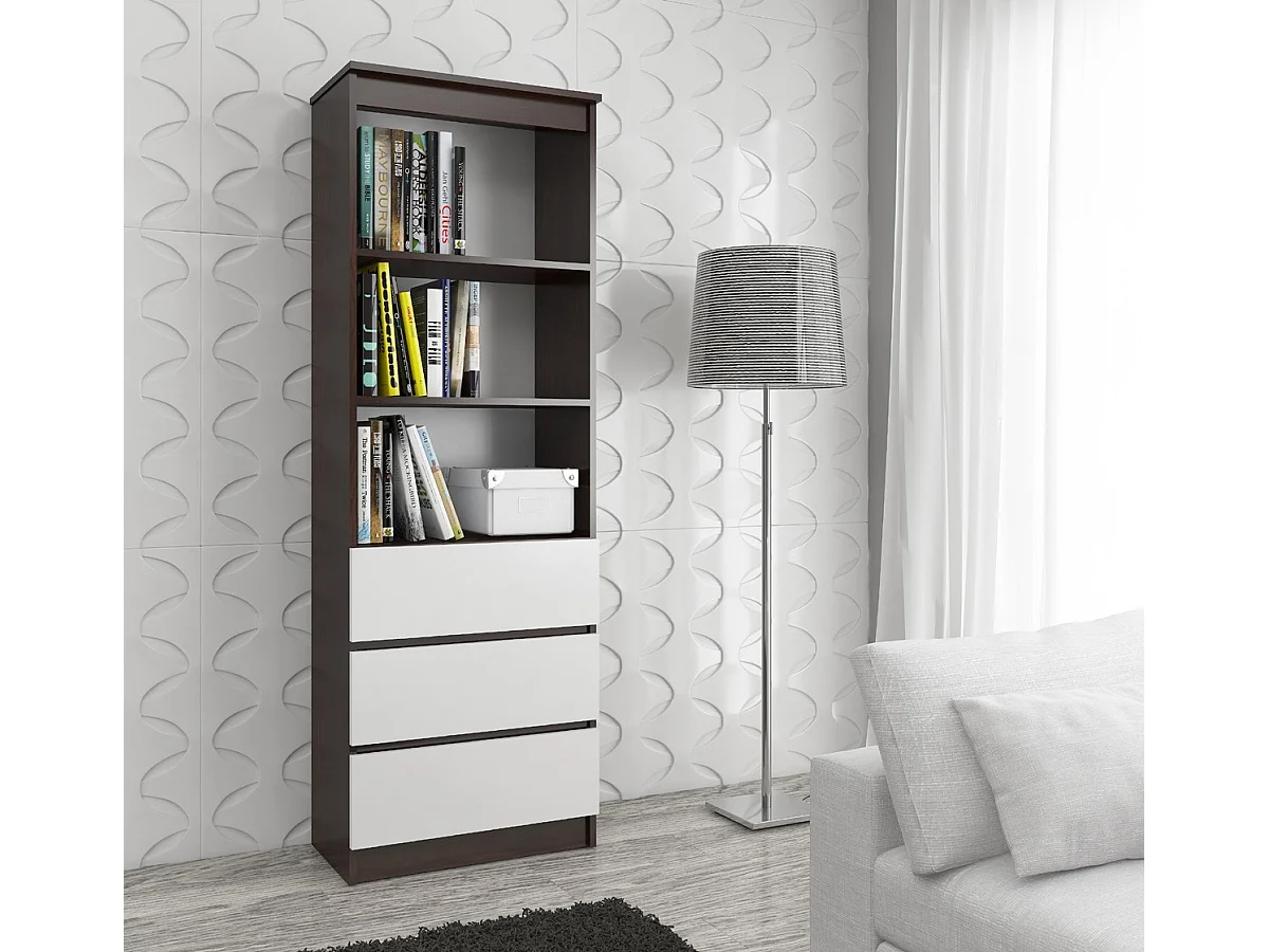 Bibliothèque de bureau AKORD R60 Wengé 60 cm 3 tiroirs façade Blanche mat 3 étagères 60x35x180 cm