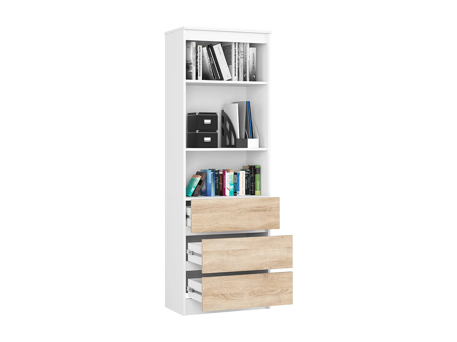 Bibliothèque de bureau AKORD R60 Blanche 60 cm 3 tiroirs façade Chêne Sonoma mat 3 étagères 60x35x180 cm
