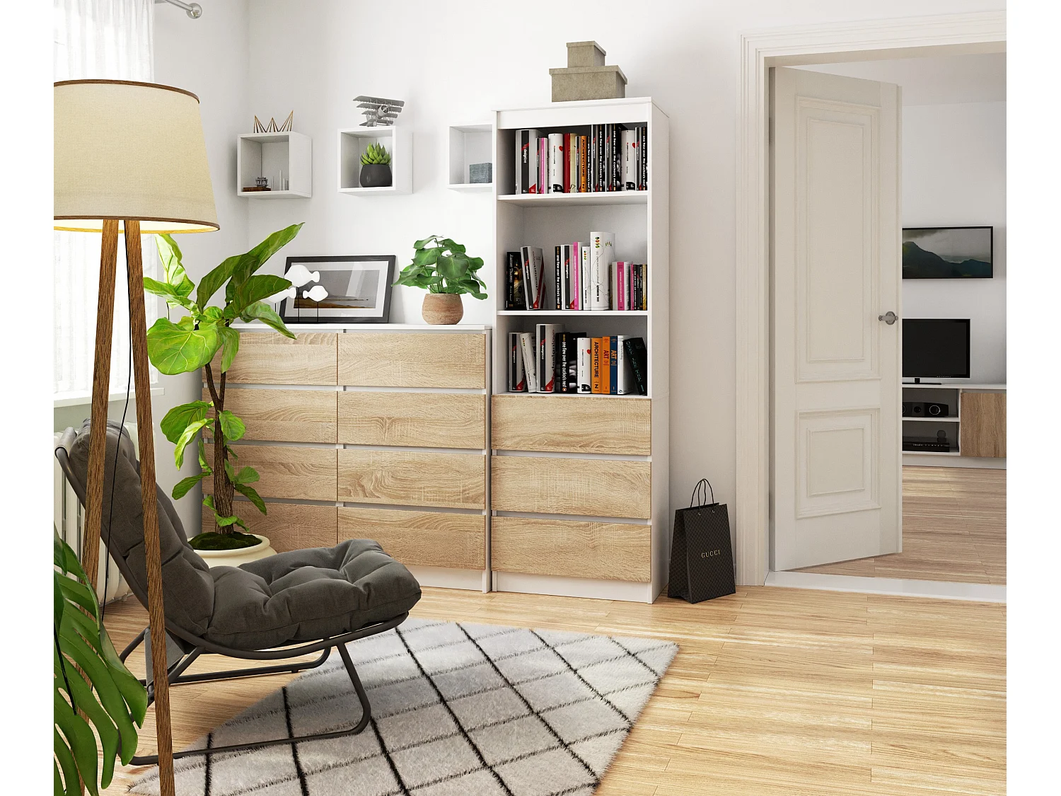 Bibliothèque de bureau AKORD R60 Blanche 60 cm 3 tiroirs façade Chêne Sonoma mat 3 étagères 60x35x180 cm