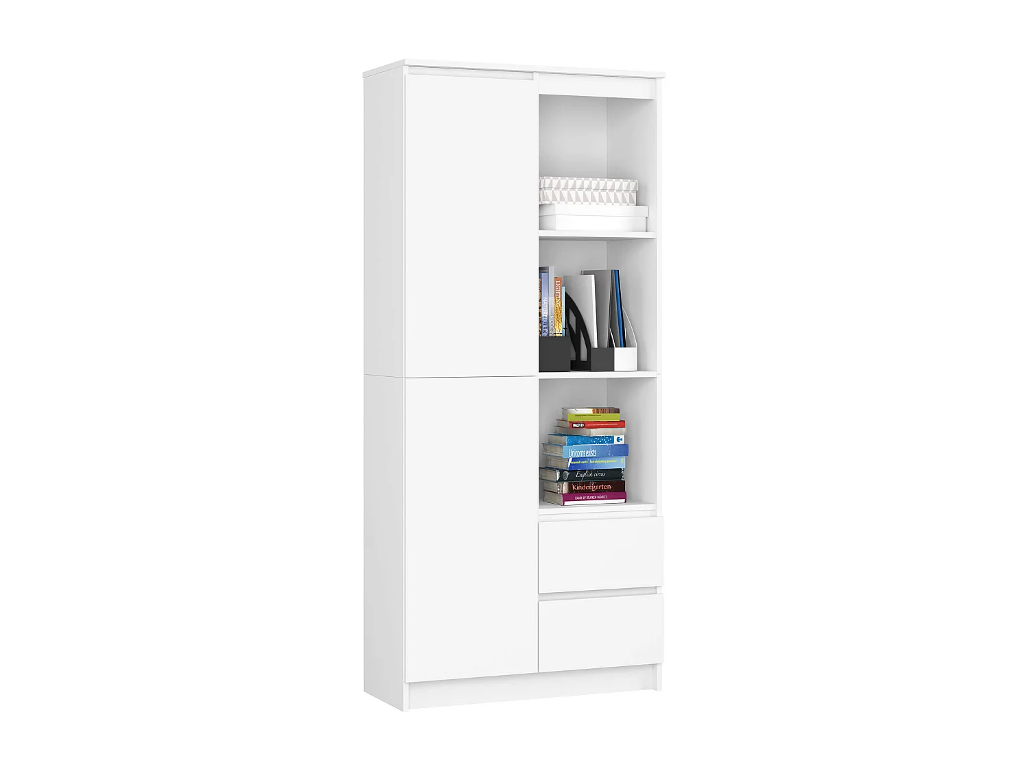 Librería AKORD R11 Blanco 80 cm 2 puertas 2 cajones frente en color Blanco 7 estantes 80x35x180 cm