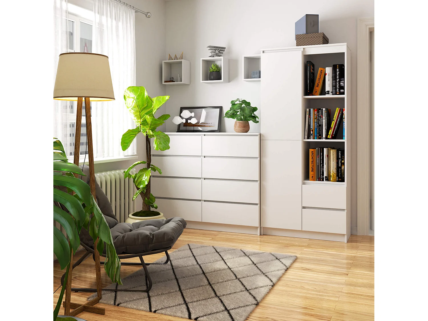 Librería AKORD R11 Blanco 80 cm 2 puertas 2 cajones frente en color Blanco 7 estantes 80x35x180 cm