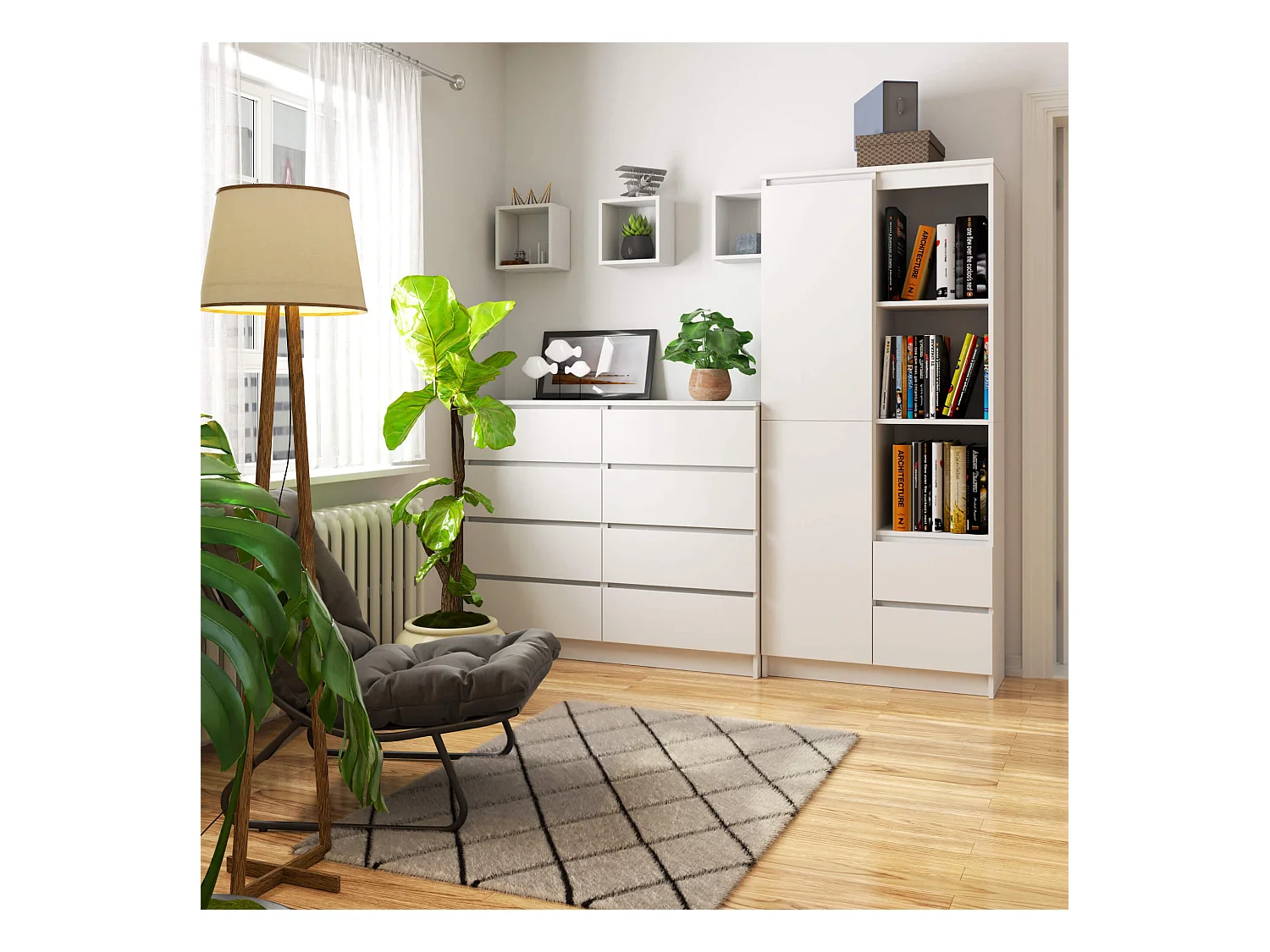 Librería AKORD R11 Blanco 80 cm 2 puertas 2 cajones frente en color Blanco 7 estantes 80x35x180 cm