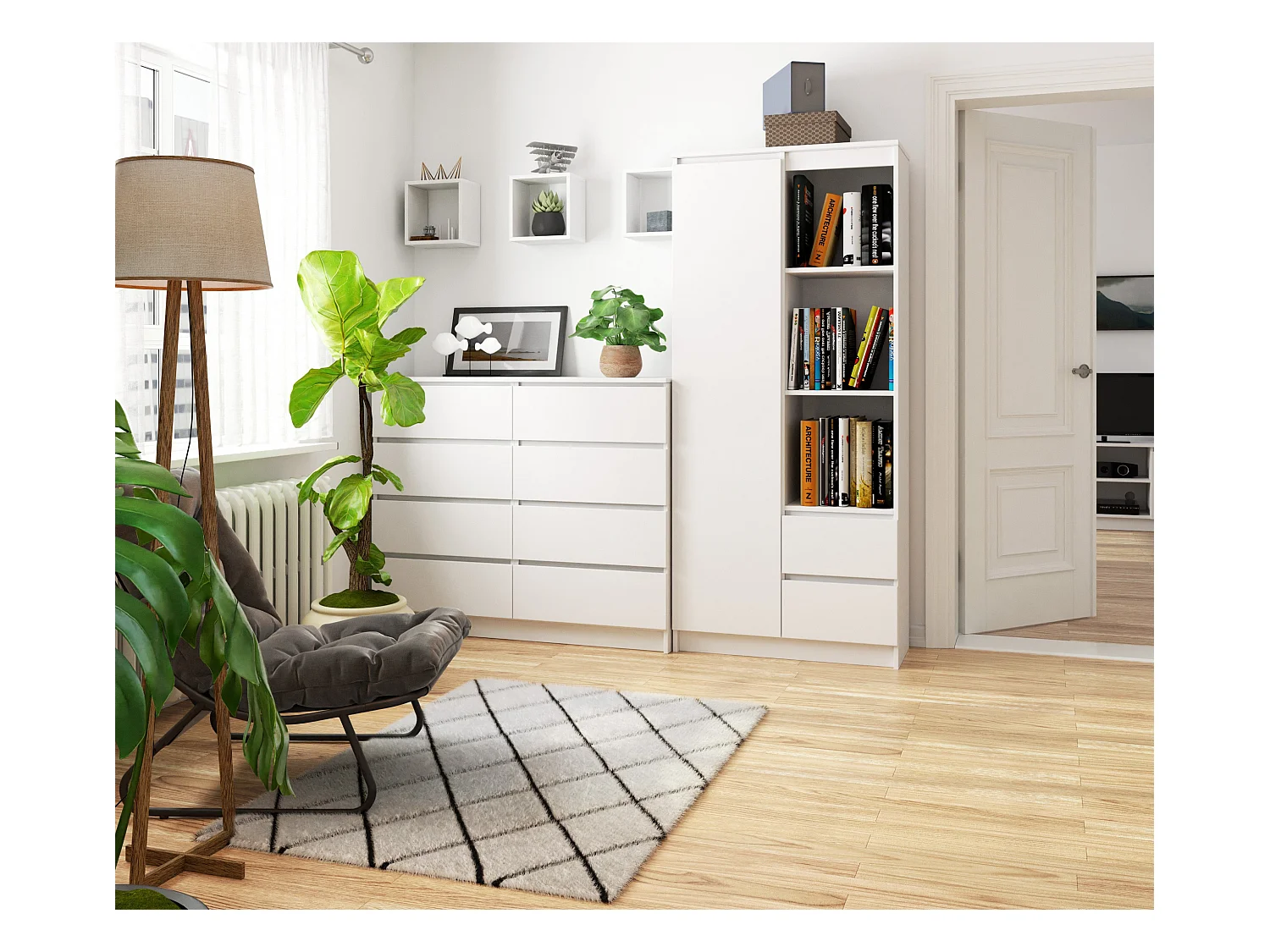 Librería AKORD R11 Blanco 80 cm 2 puertas 2 cajones frente en color Blanco 7 estantes 80x35x180 cm