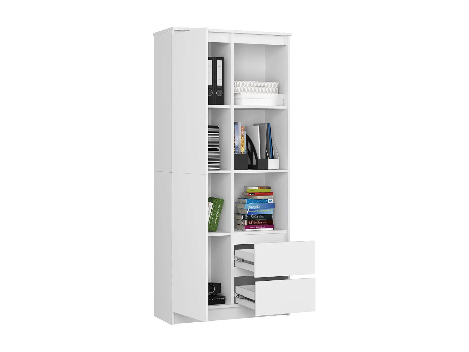 Librería AKORD R11 Blanco 80 cm 2 puertas 2 cajones frente en color Blanco 7 estantes 80x35x180 cm
