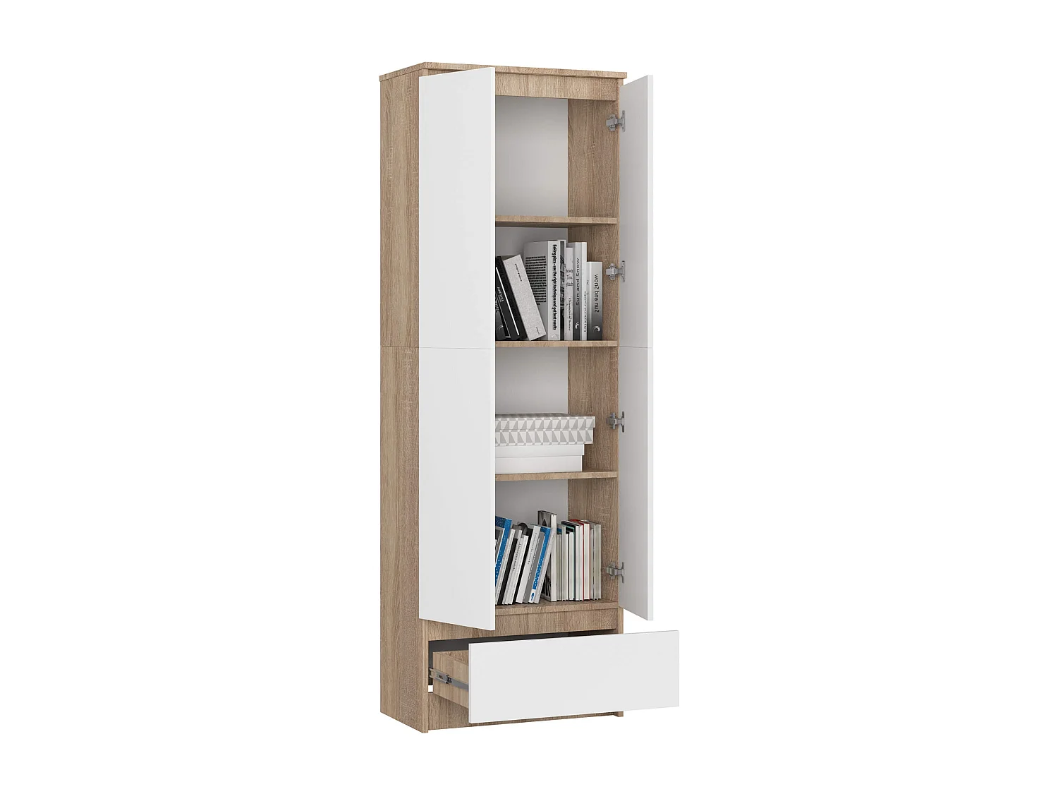 Bibliothèque de bureau AKORD R60 Chêne Sonoma 60 cm 2 portes 1 tiroir façade Blanche mat 4 étagères 60x35x180 cm