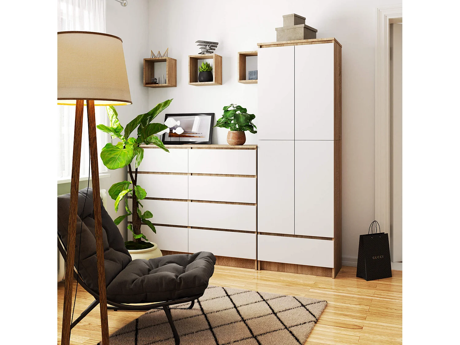 Kantoorkast R60 met 4 Deuren en 1 Lade / AKORD Furniture Factory / Sonoma Eik - Wit / 60 x 180 x 35 cm