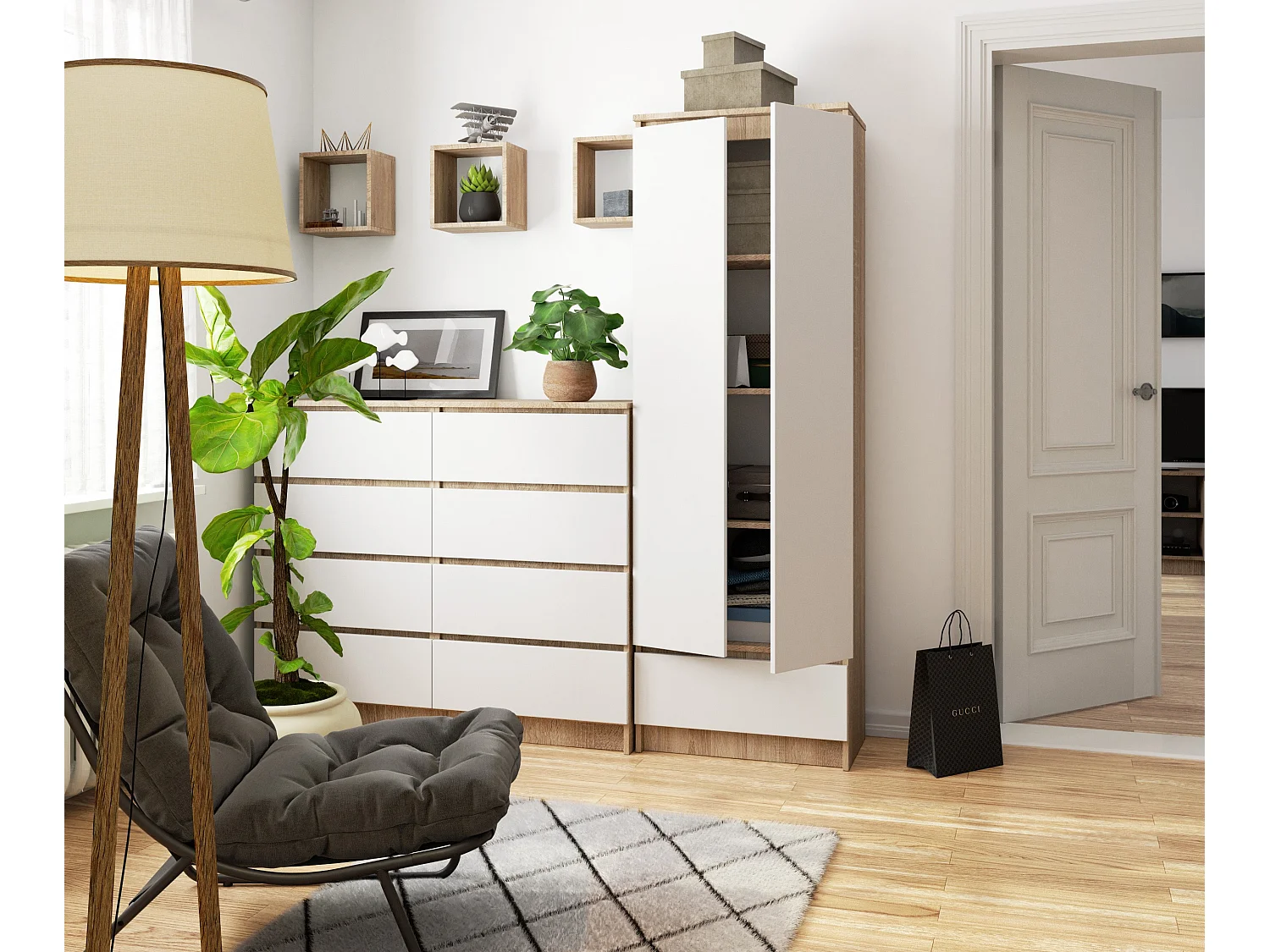 Kantoorkast R60 met 4 Deuren en 1 Lade / AKORD Furniture Factory / Sonoma Eik - Wit / 60 x 180 x 35 cm