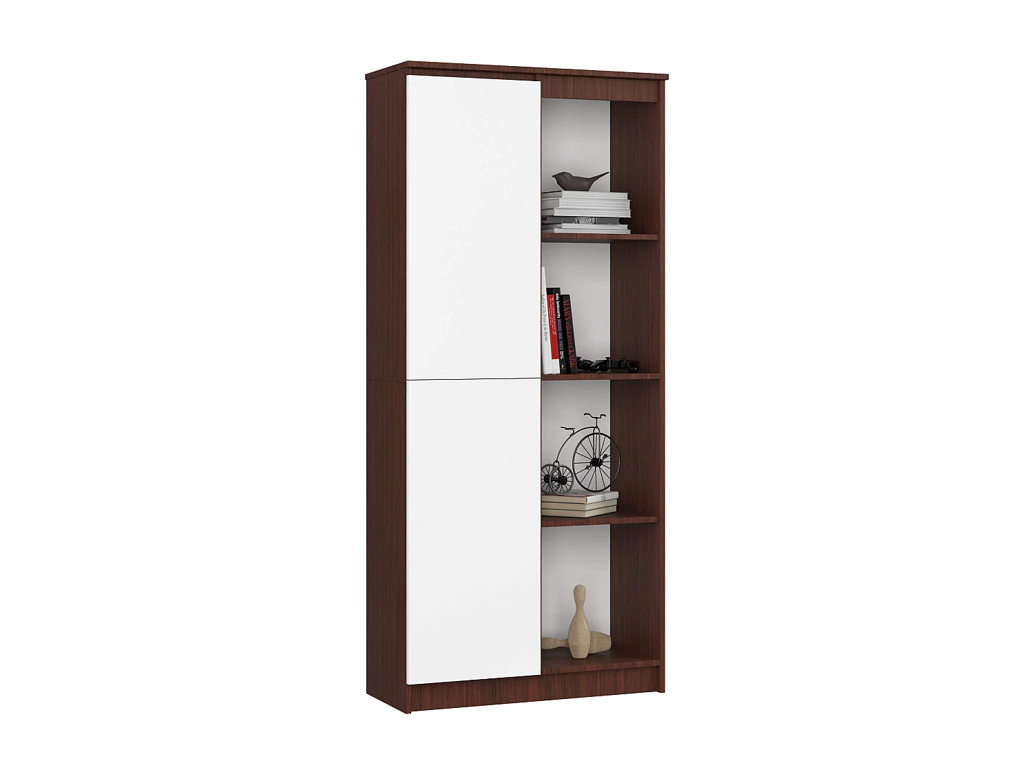 Bibliothèque de bureau AKORD R80 Wengé 80 cm 1 porte façade Blanche mat 8 étagères 80x35x180 cm