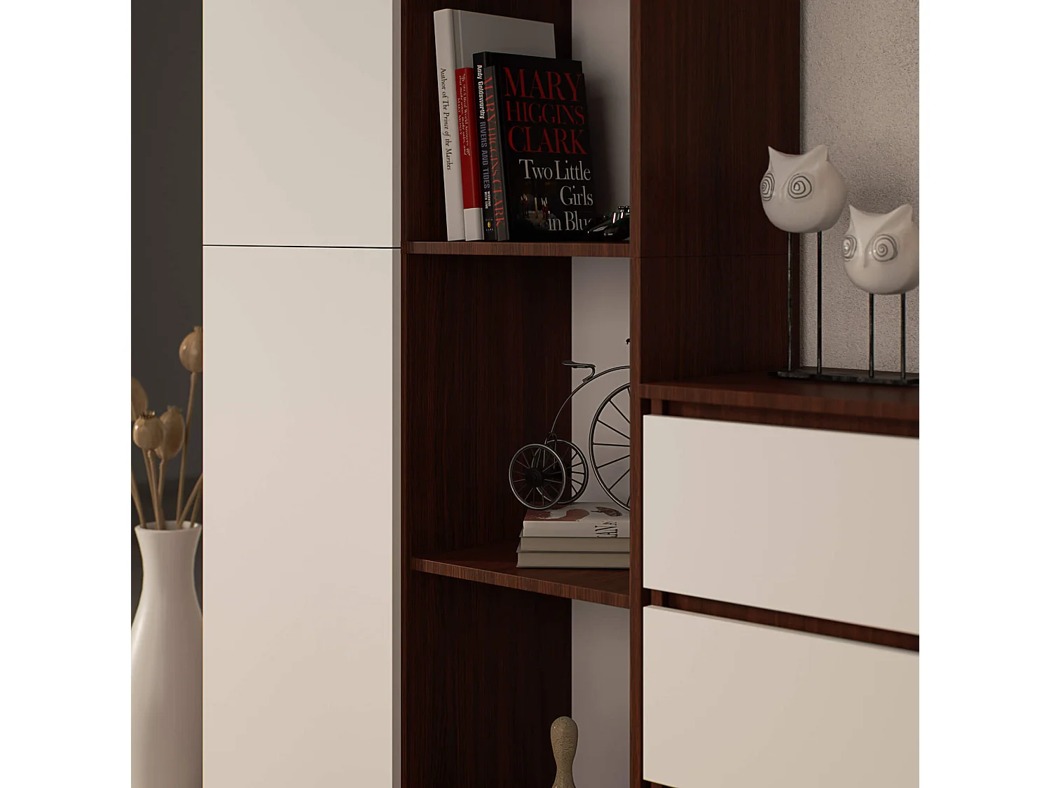 Bibliothèque de bureau AKORD R80 Wengé 80 cm 1 porte façade Blanche mat 8 étagères 80x35x180 cm