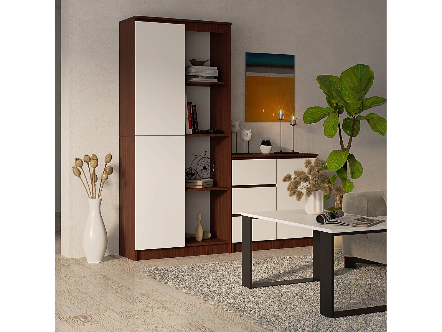 Bibliothèque de bureau AKORD R80 Wengé 80 cm 1 porte façade Blanche mat 8 étagères 80x35x180 cm