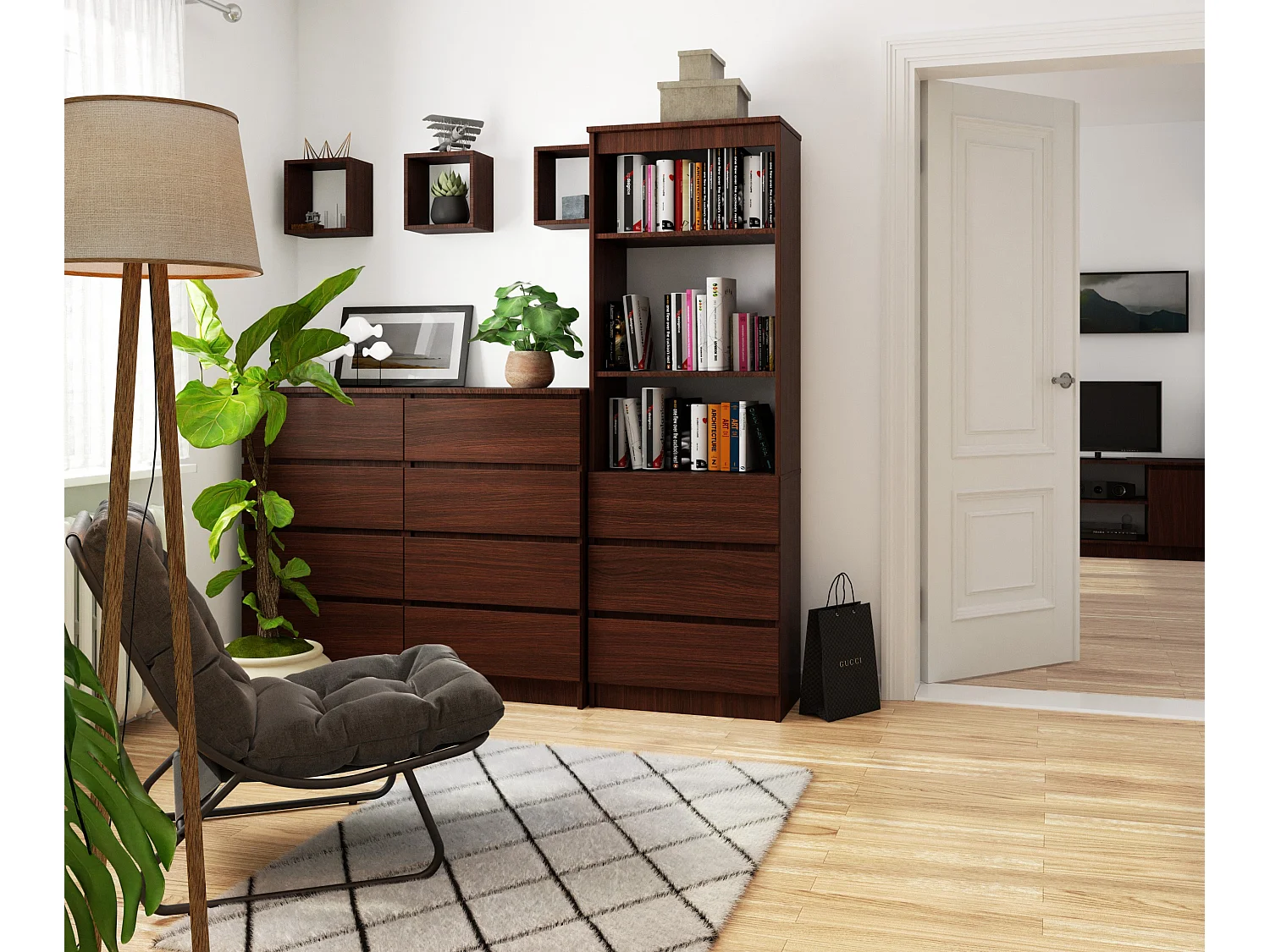 Wandkast  Wenge - 60cm Breedte, 180cm Hoogte, 3 Laden, 2 Deuren, ABS-randen, Zelfmontage, Lamineren Mat Finish, 16mm Plaatdikte, Met Vergrendelingslade, 3 Planken