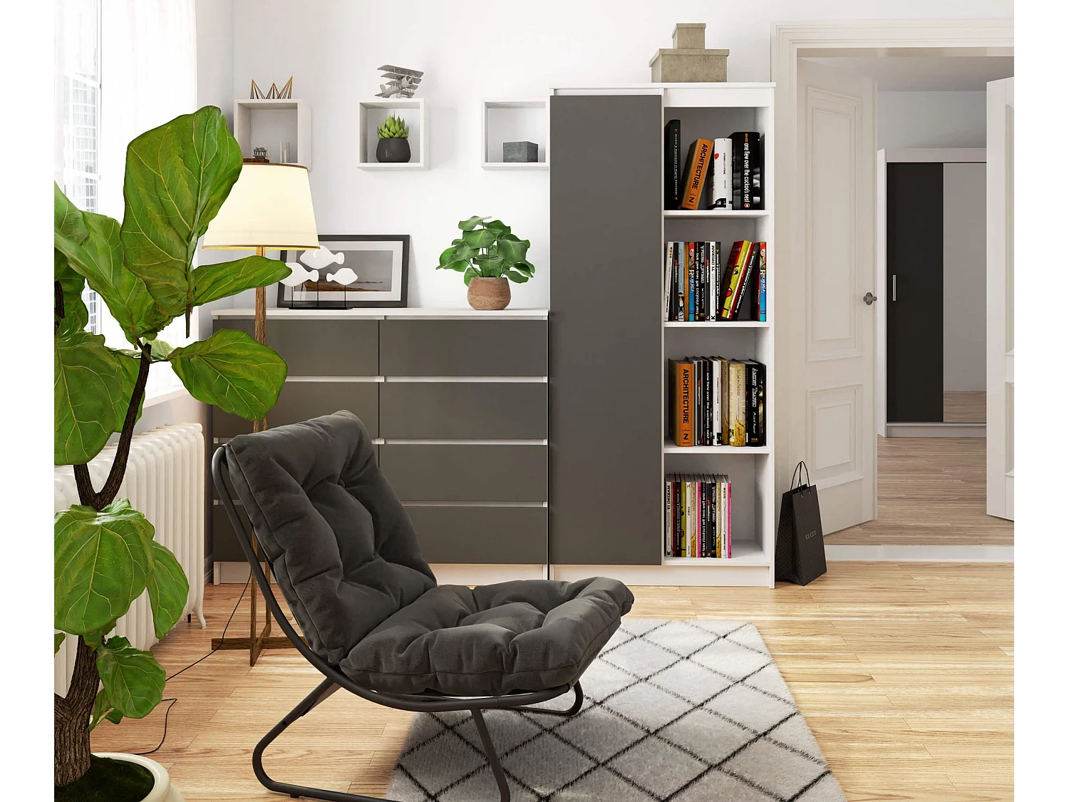 Witrynekast R80 Bovenkast met 1 Deur en 8 Planken - 80x180x35cm - Mat Wit/Grafietgrijs - Zelfmontage