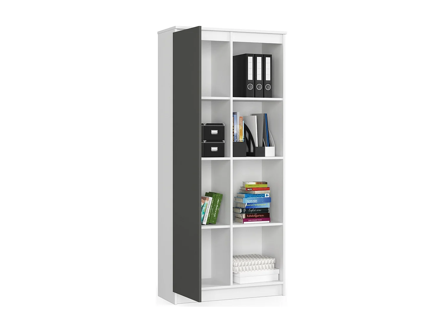 Bibliothèque de bureau AKORD R80 Blanche 80 cm 1 porte façade Gris Graphite mat 8 étagères 80x35x180 cm